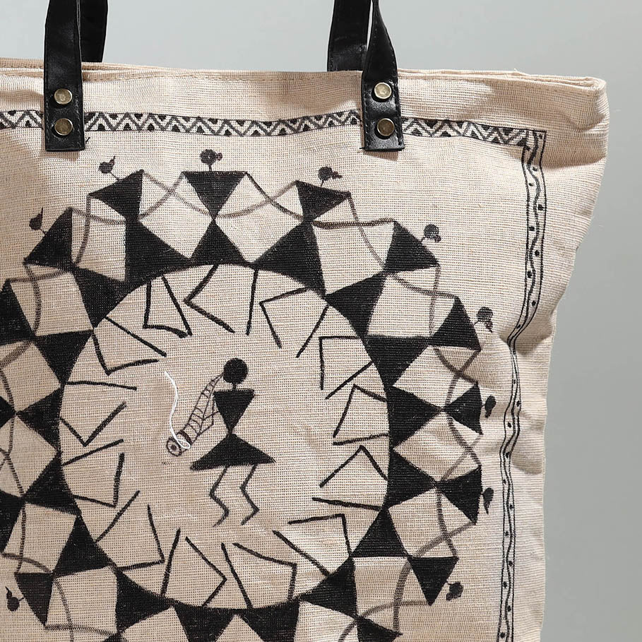 KHUSHBASH - HAPPY LOOM OF EAST Beige - Warli Handpainted Jute Cotton Shoulder Bag - view 3