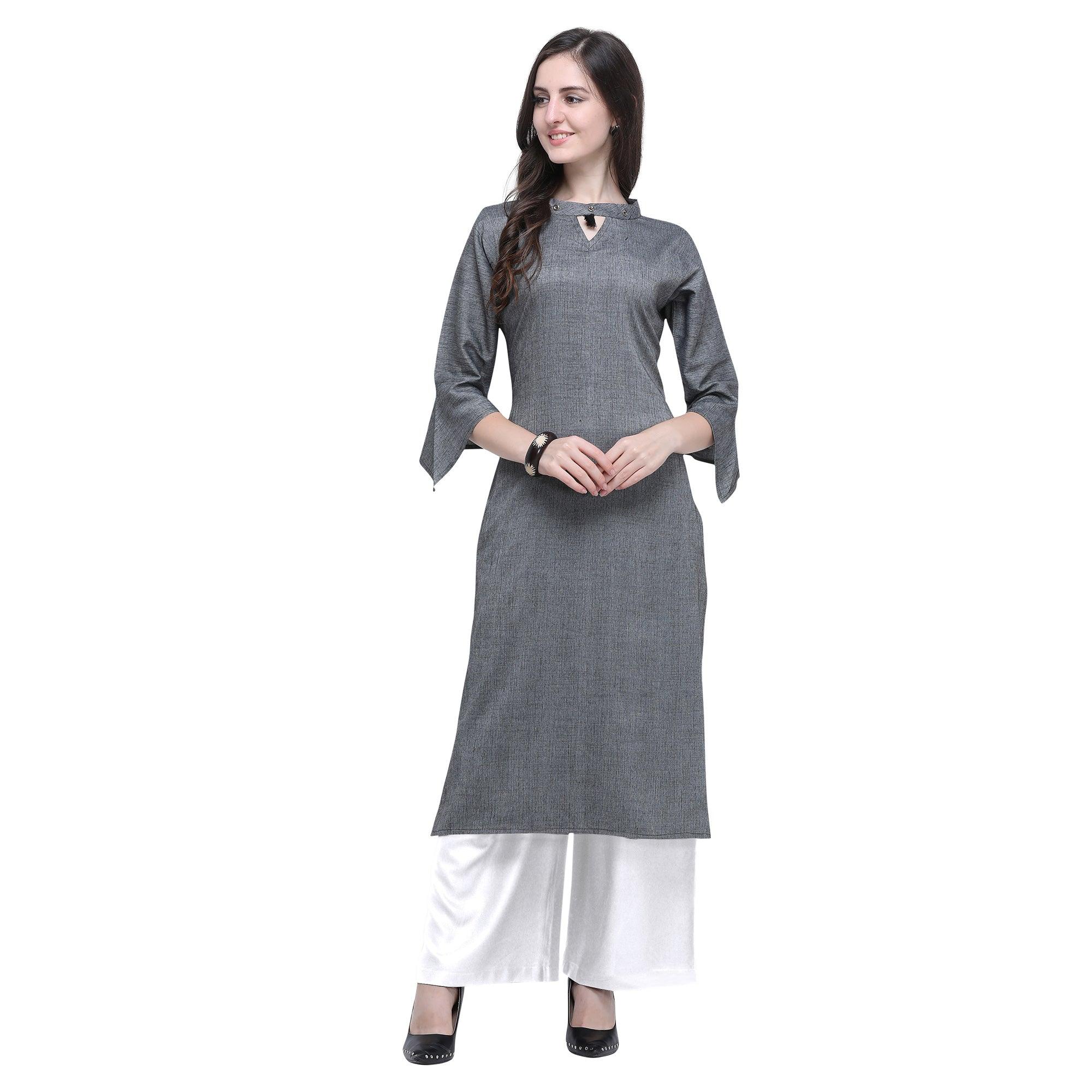 Peachmode Seller Energetic Grey Colored Casual Wear Embroidered Rayon Kurti-Palazzo Set