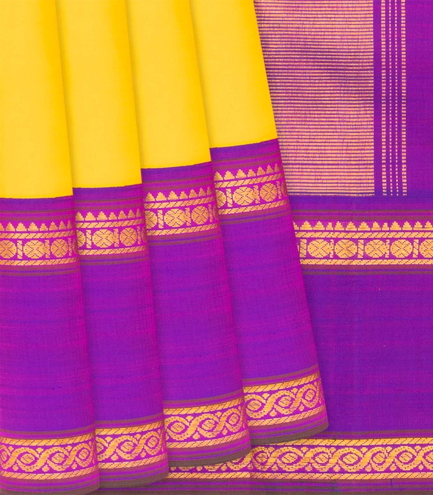 RmKV Light Yellow Handloom Kanchipuram Korvai Silk Saree With Contrast Purple Border-Lime Yellow