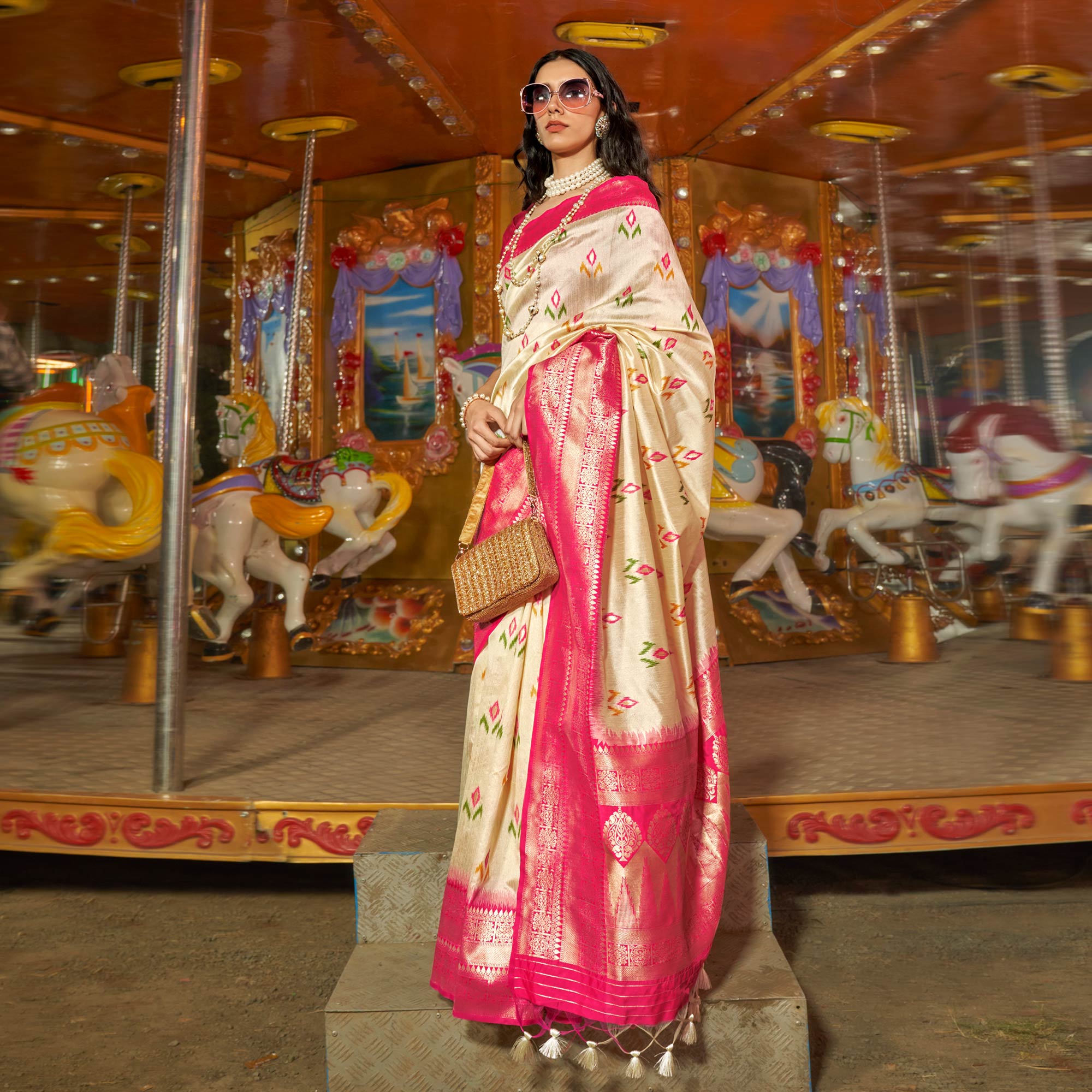 Peachmode Cream Ikkat Handwoven Art Silk Saree With Tassels - view 3