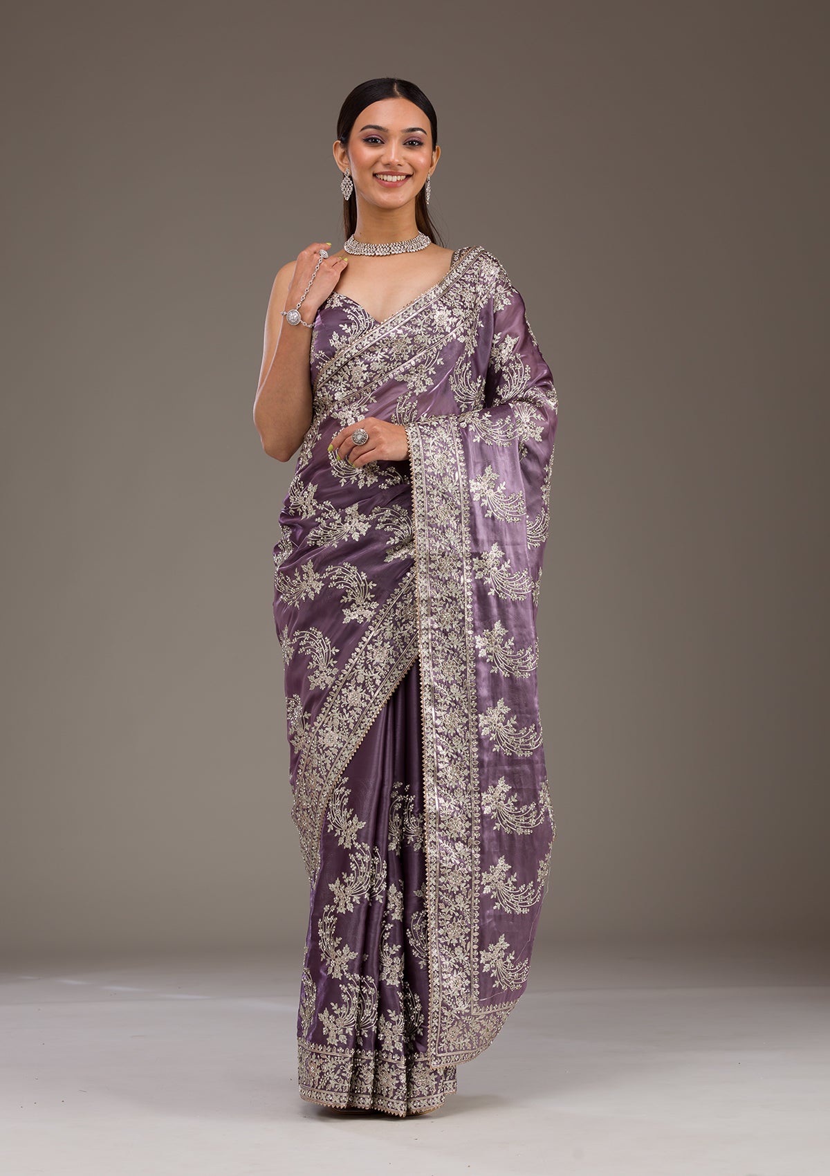 Koskii Lavender Threadwork Tissue Saree – Women's