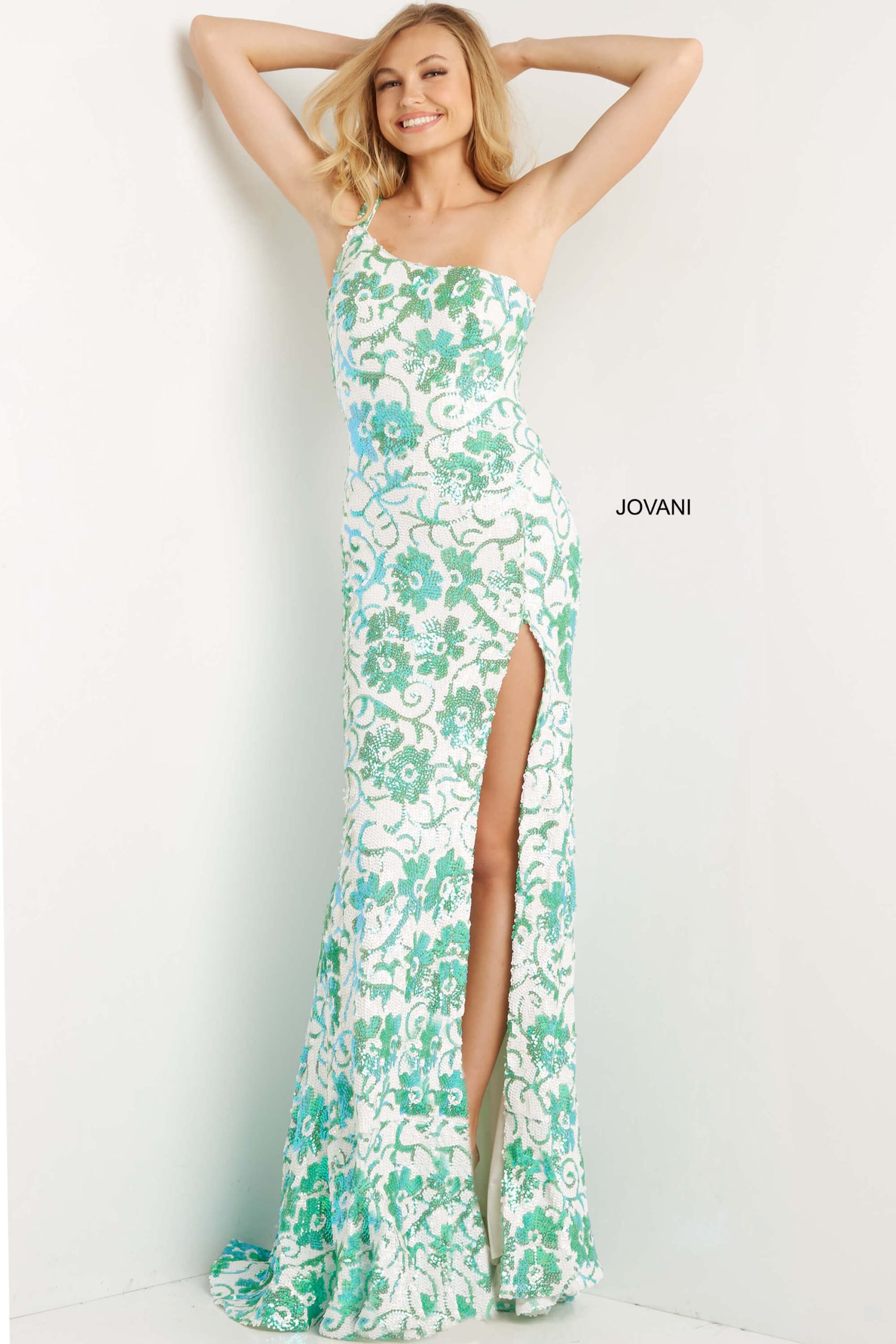 Sequin Fitted One Shoulder Slit Gown by Jovani 08256 - view 4