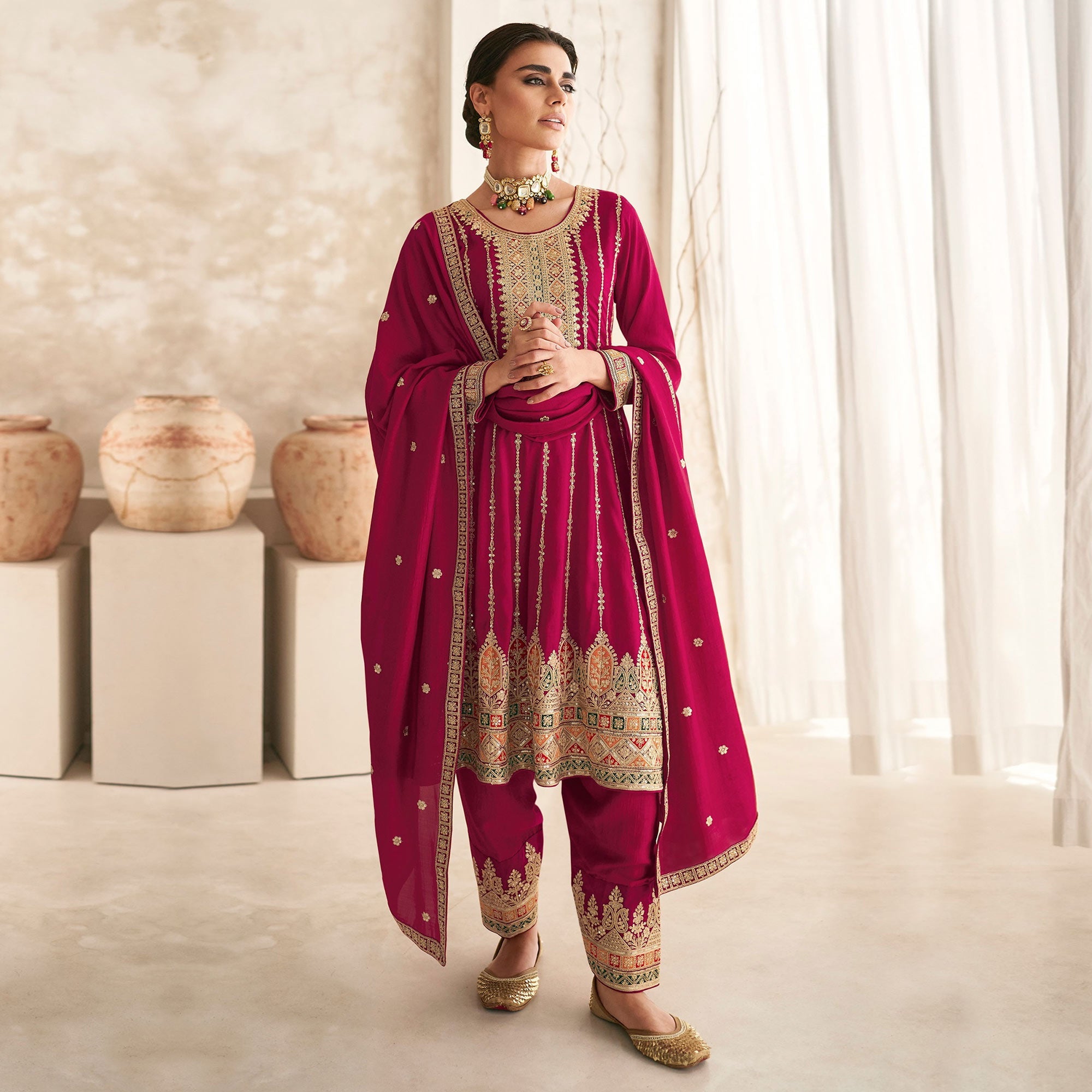 Peachmode Seller Magenta Sequins Embroidered Georgette Semi Stitched Anarkali Suit - view 2