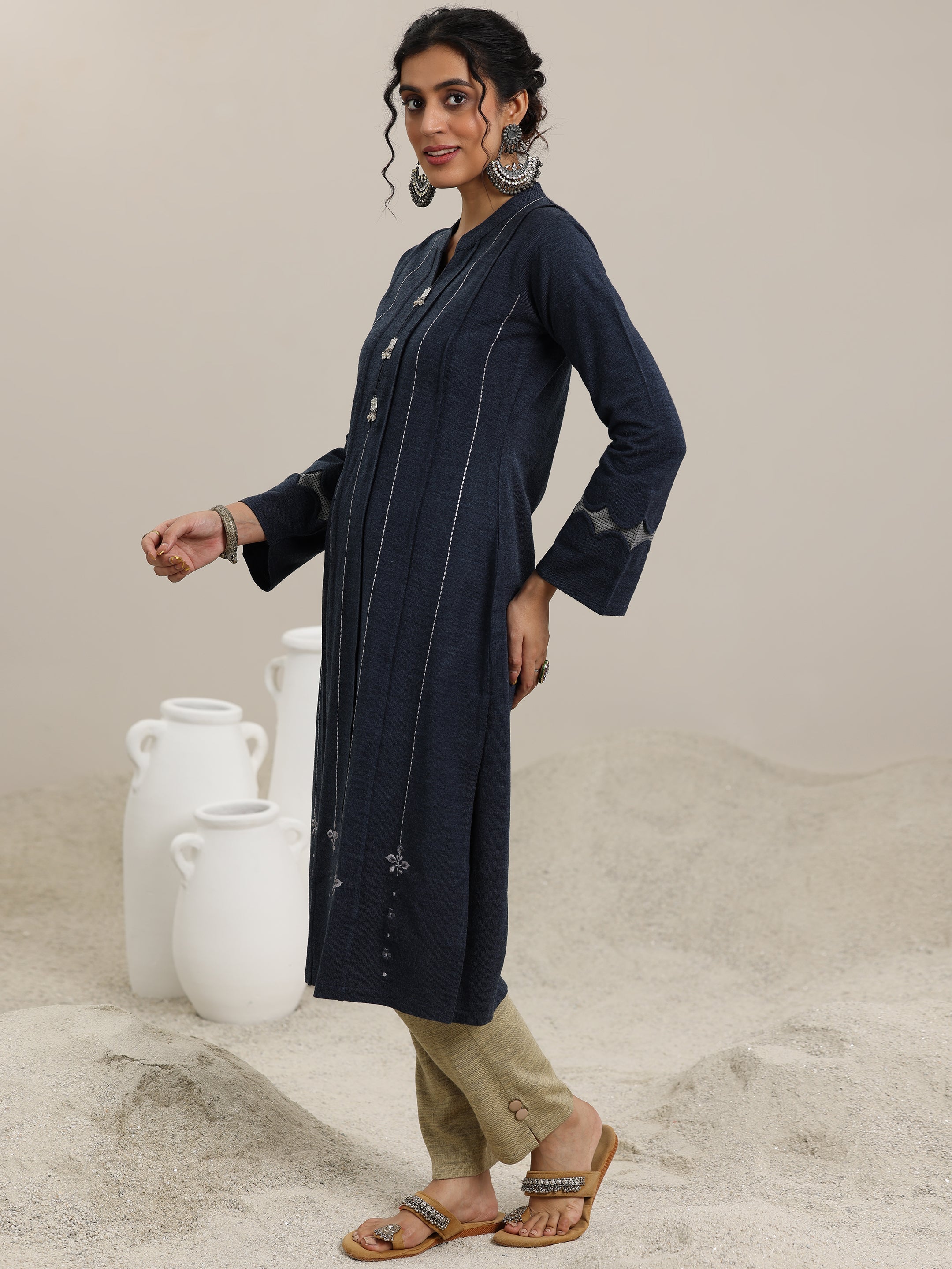Libas Grey Embroidered Wool Straight Kurta - view 2