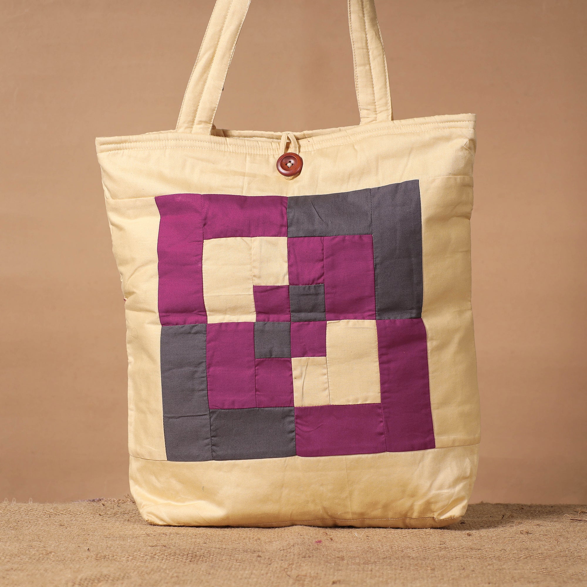 KHUSHBASH - HAPPY LOOM OF EAST Beige - Patchwork Quilted Cotton Square N Square Shoulder Bag