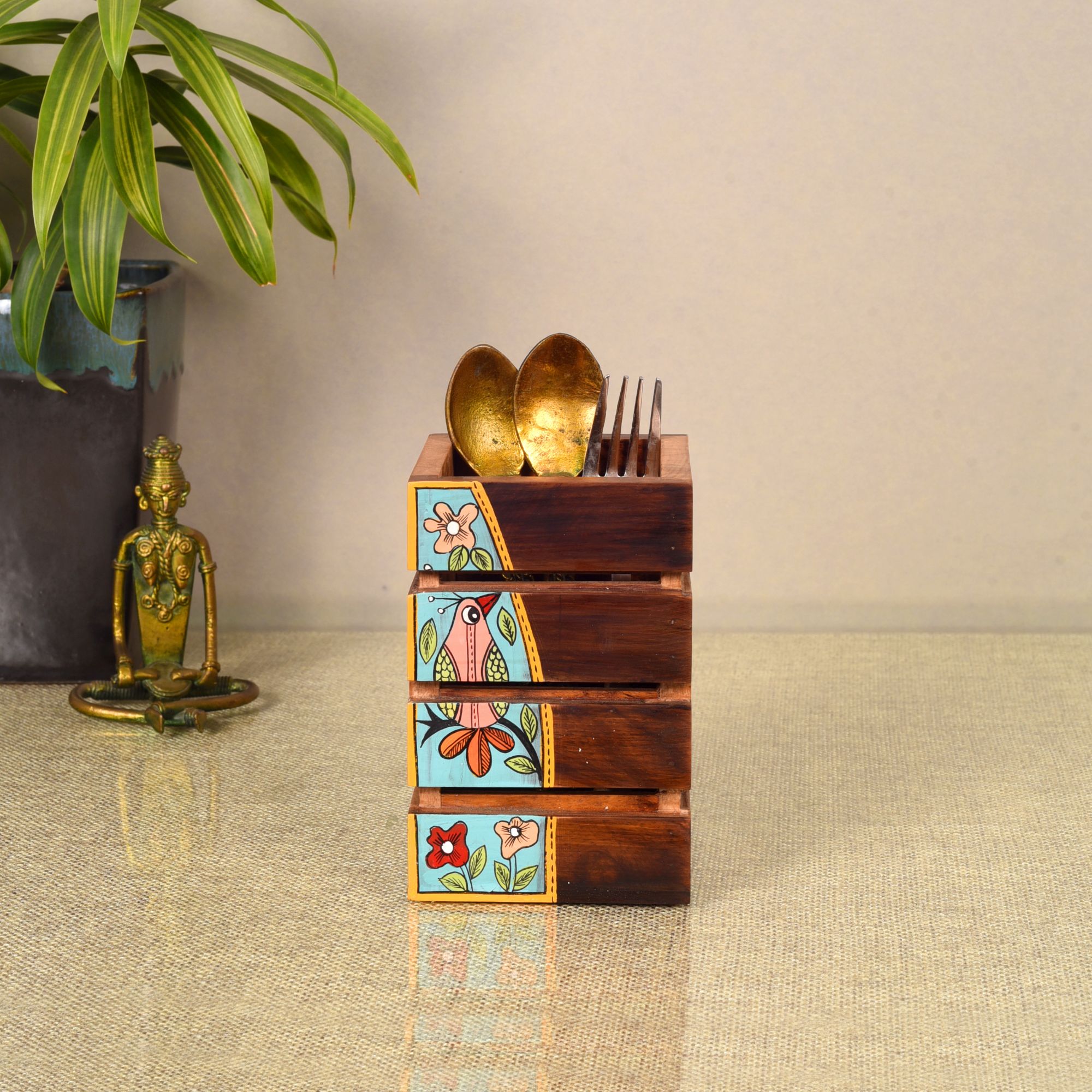 ART CREATIONS BY SUMAN SONTHALIA Brown - Artistic Flair Wooden Spoons Holder (3.5x3.5x5)