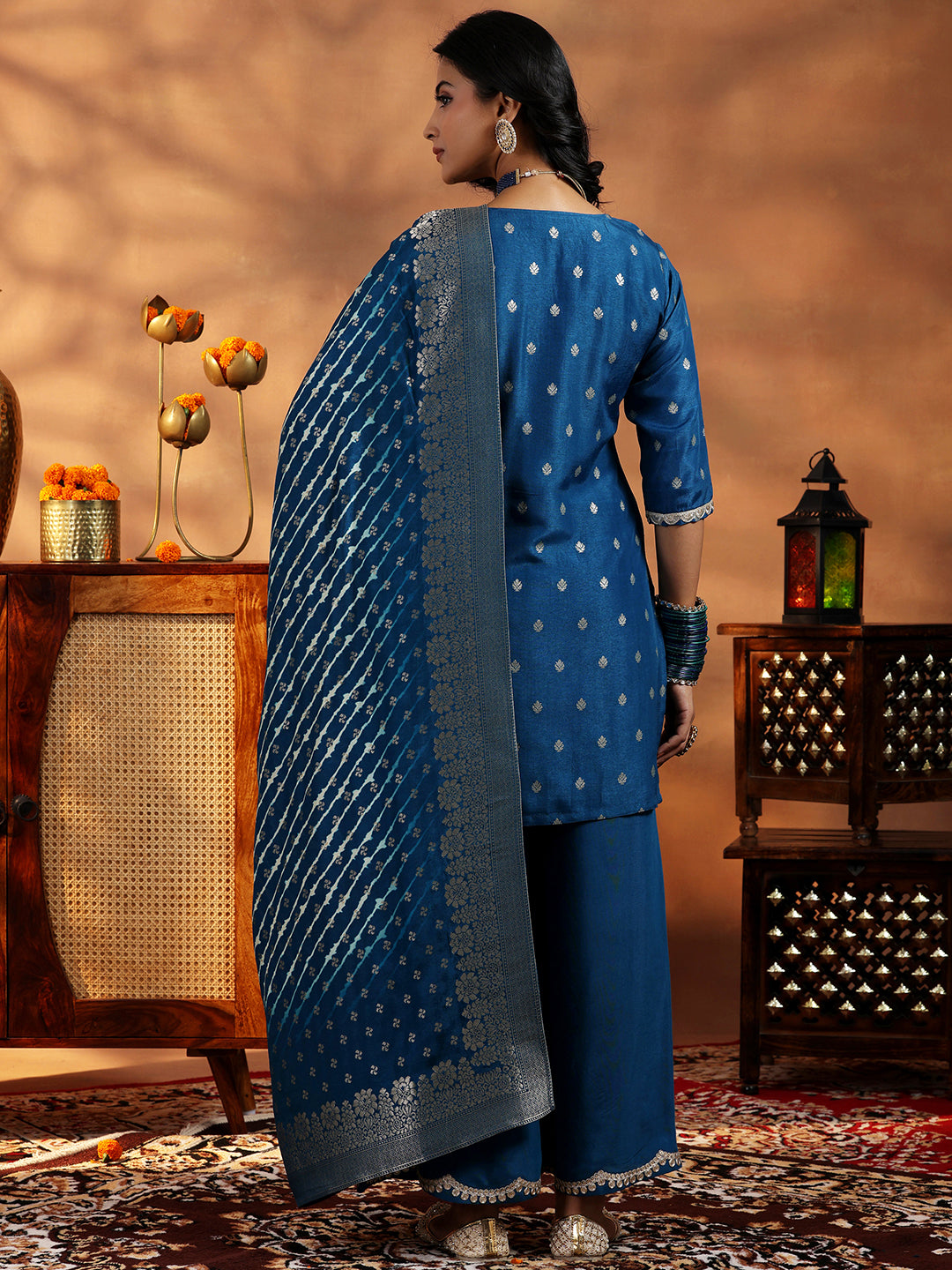Libas Blue Woven Design Silk Blend Straight Suit With Dupatta - view 4