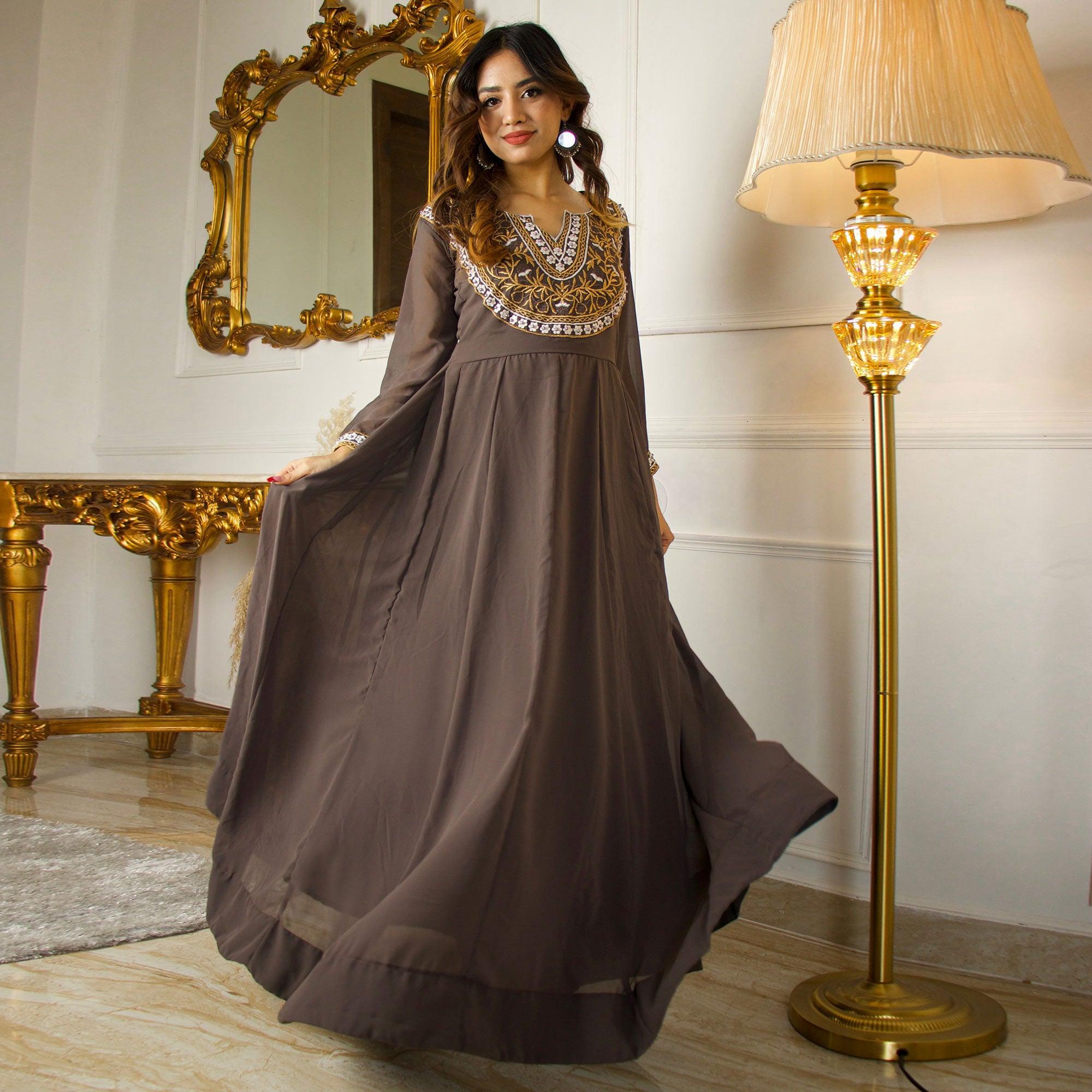 Peachmode Seller Brown Floral Embroidered Georgette Partywear Gown With Dupatta - view 2