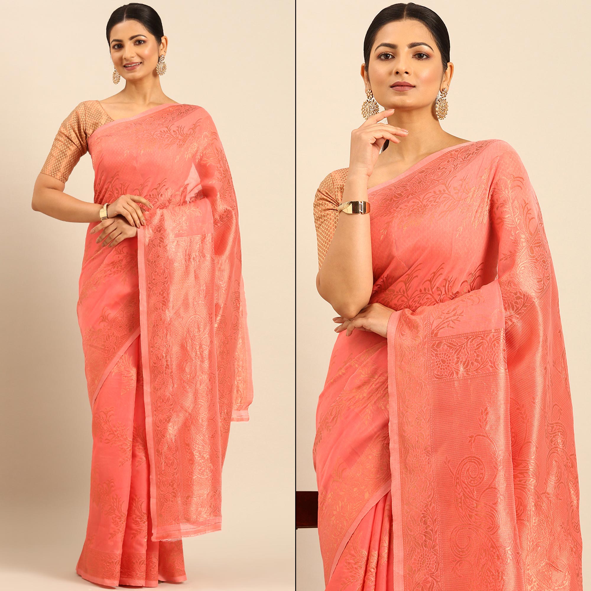 Peachmode Gajari Pink Floral Woven Cotton Silk Saree