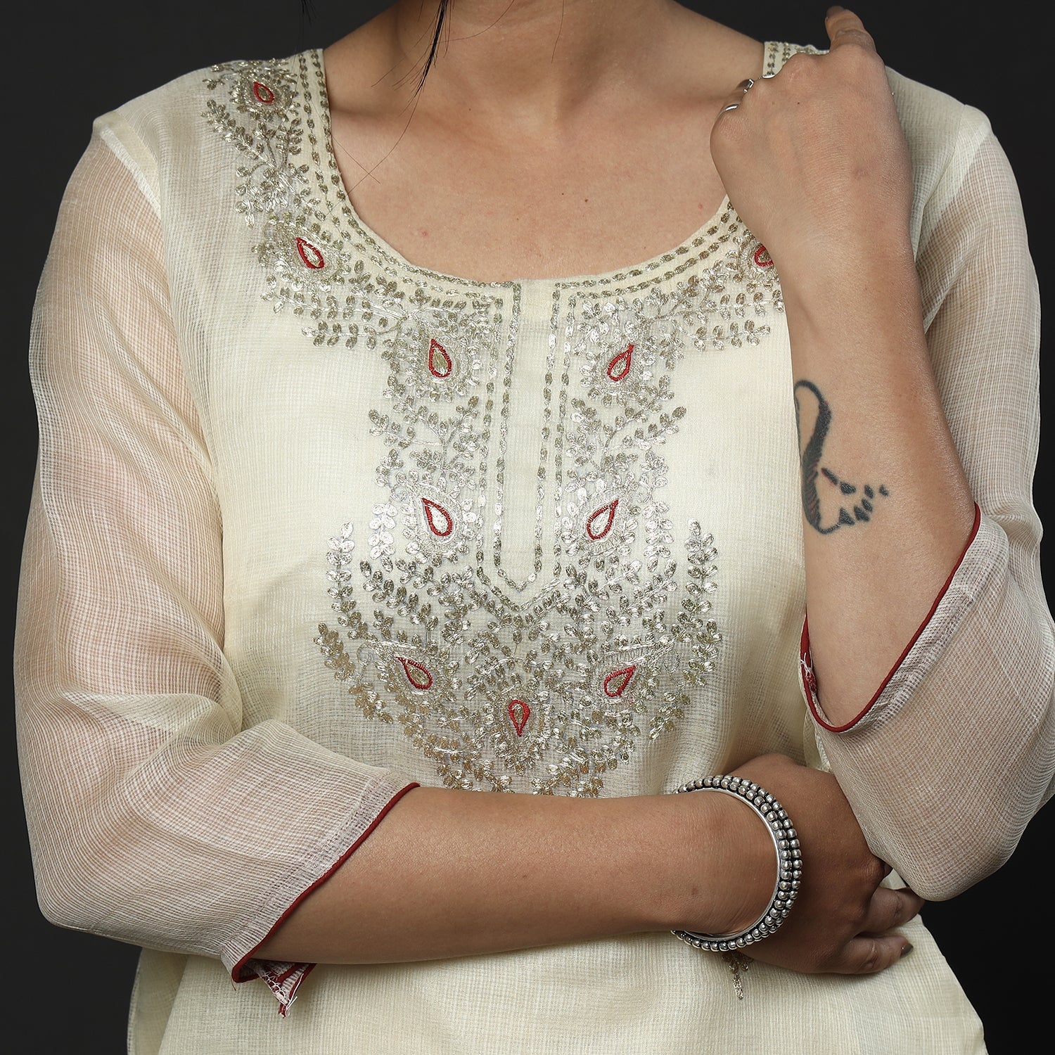 ITOKRI CASUALS Beige - Cream Kota Doria Pure Silk Kurta with Palazzo & Dupatta Set - view 4