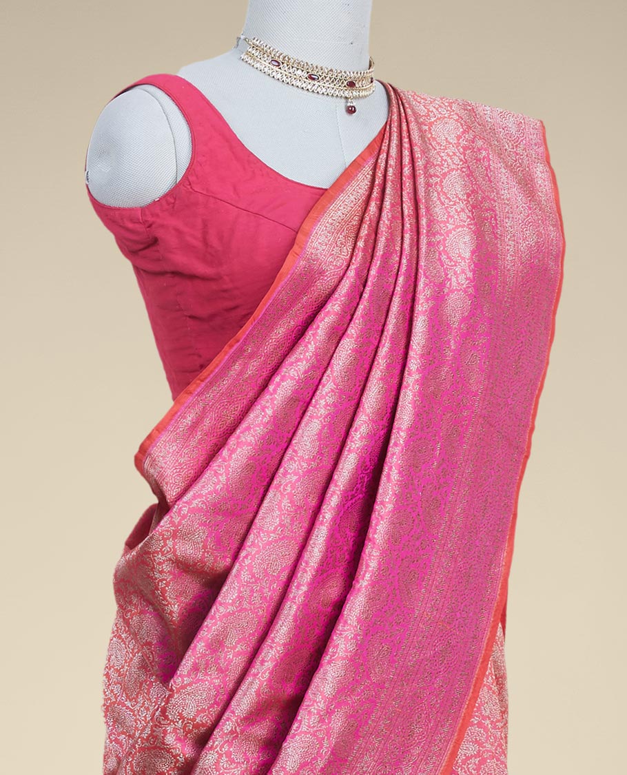 Pothys Pink floral jacquard banaras silk saree with self intricate zari border