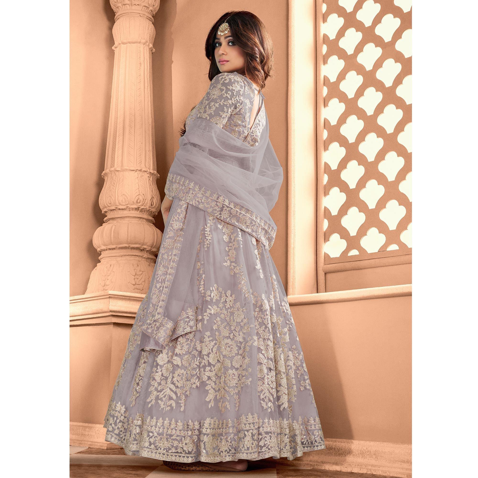Peachmode Seller Light Grey Partywear Floral Embroidered Net Anarkali Suit - view 2