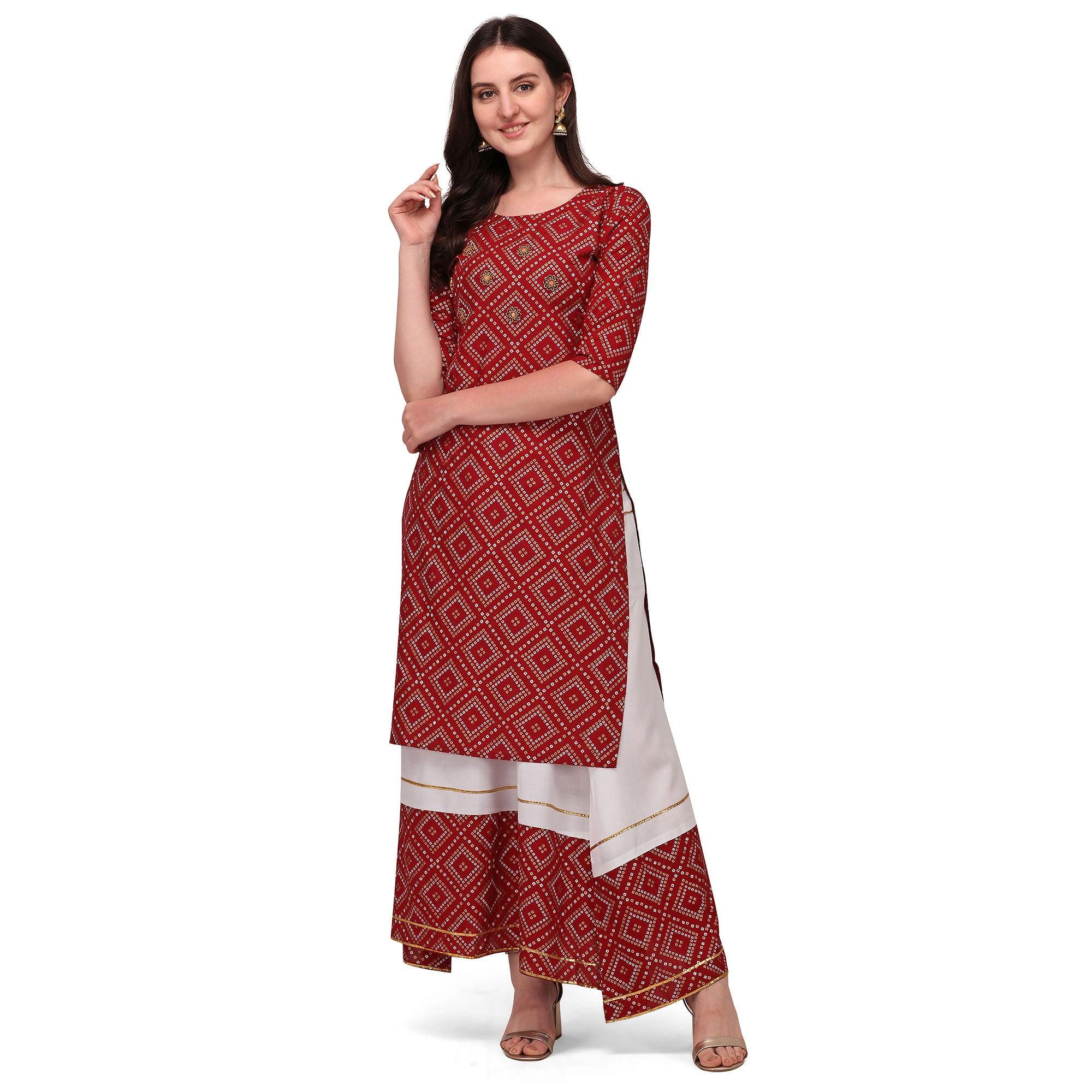 Peachmode Seller Maroon Casual Wear Printed Rayon Kurti - Skirt Set