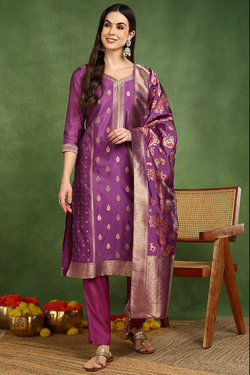 Ahika Purple Poly Chanderi Solid Woven Design Straight Suit Set PKSKD2678