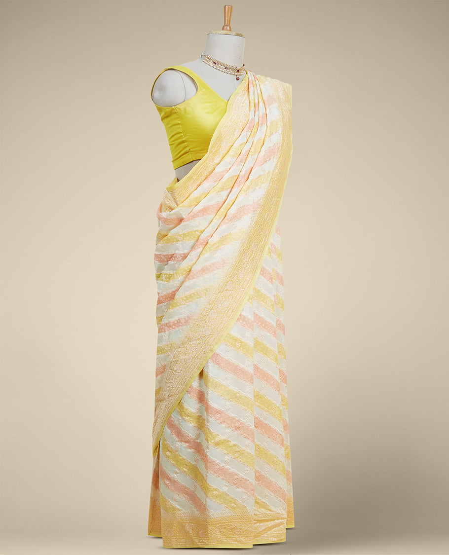 Pothys Yellow rangkat style banaras georgette saree with contrast floral zari border - view 2