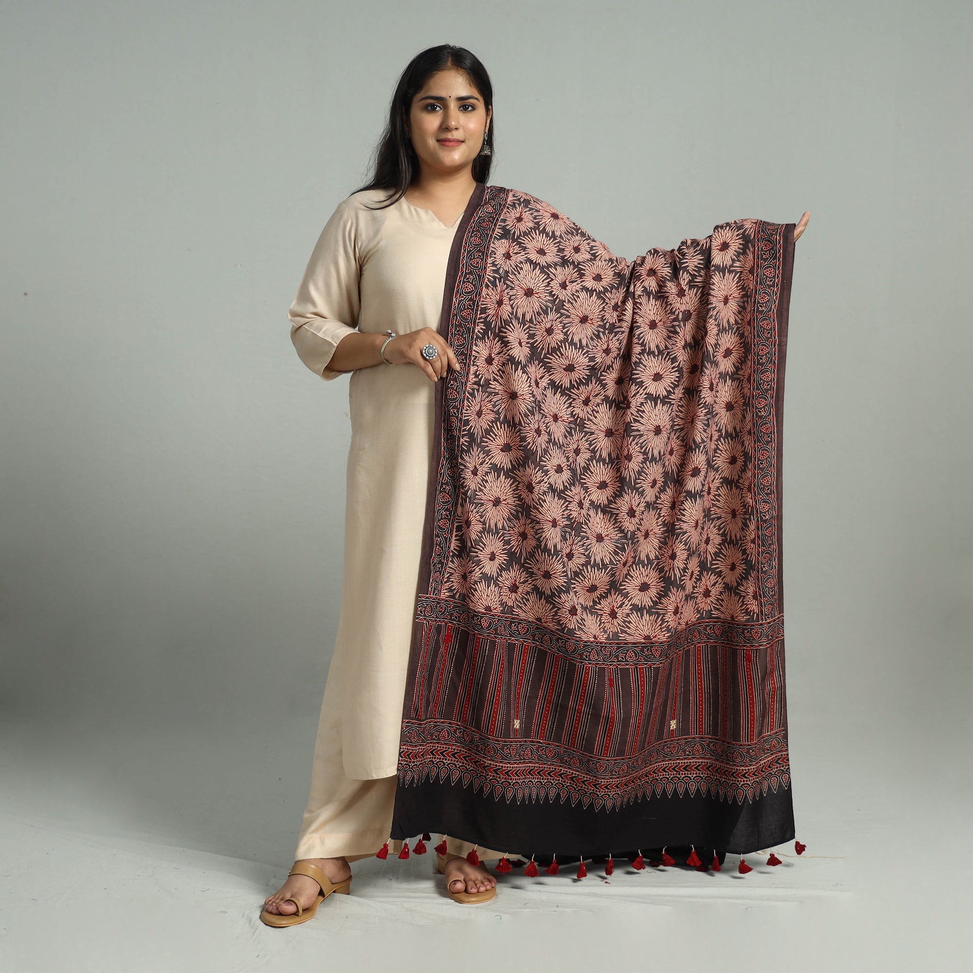 AJRAKH BY JABBAR KHATRI Brown - Block Printed Cotton Ajrakh Dupatta 20