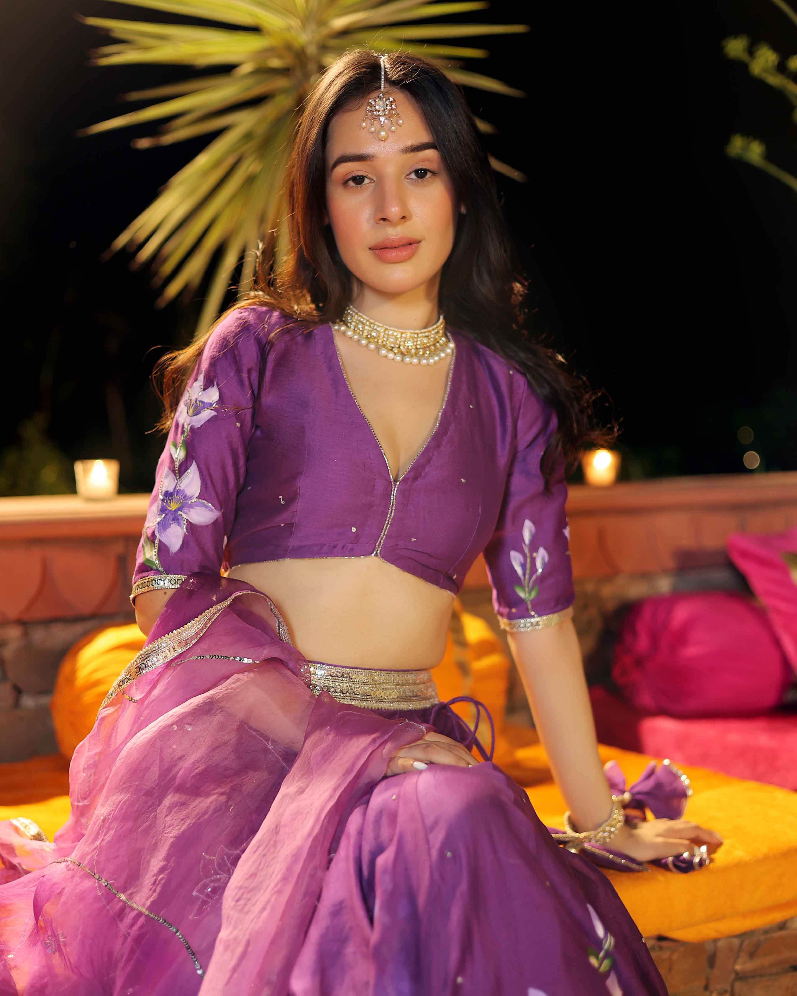 Aachho Purple Whisper Handpainted Chanderi Lehenga Set - view 7