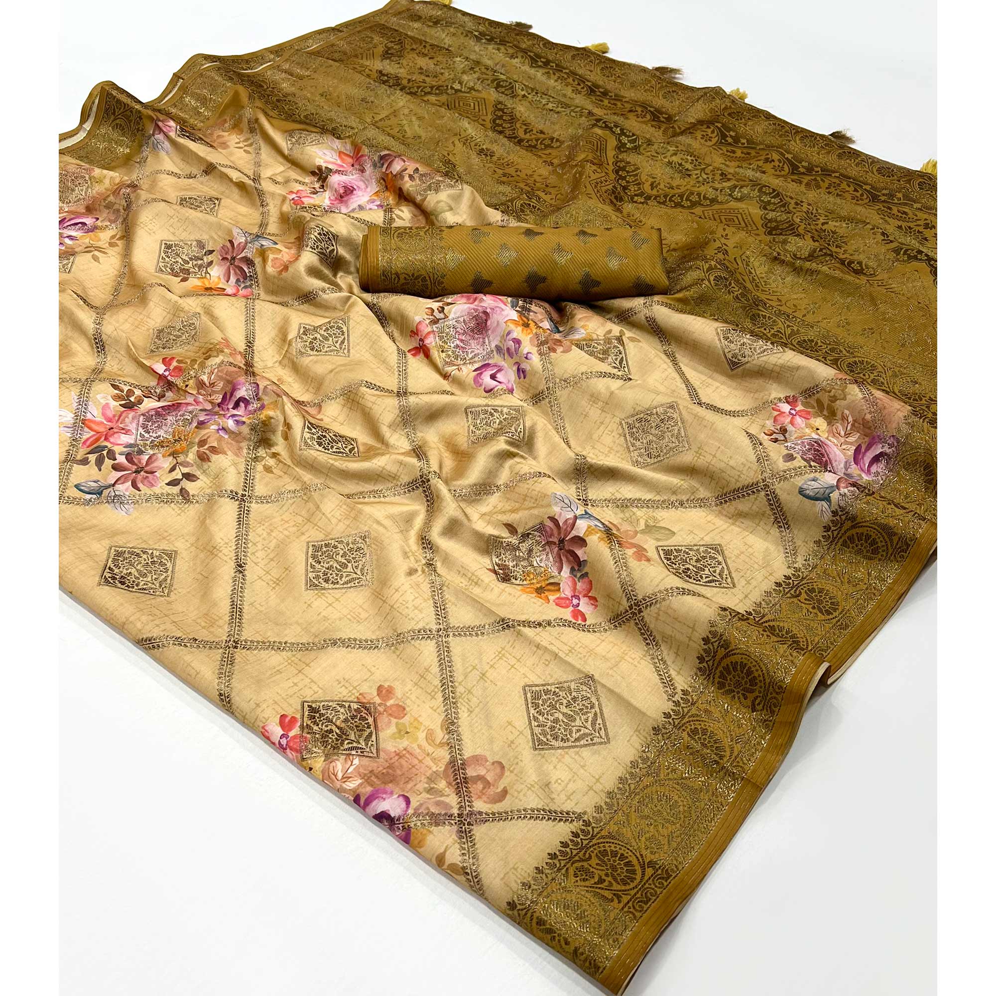 Peachmode Chikoo Woven With Floral Digital Printed Raw Silk Saree - view 3