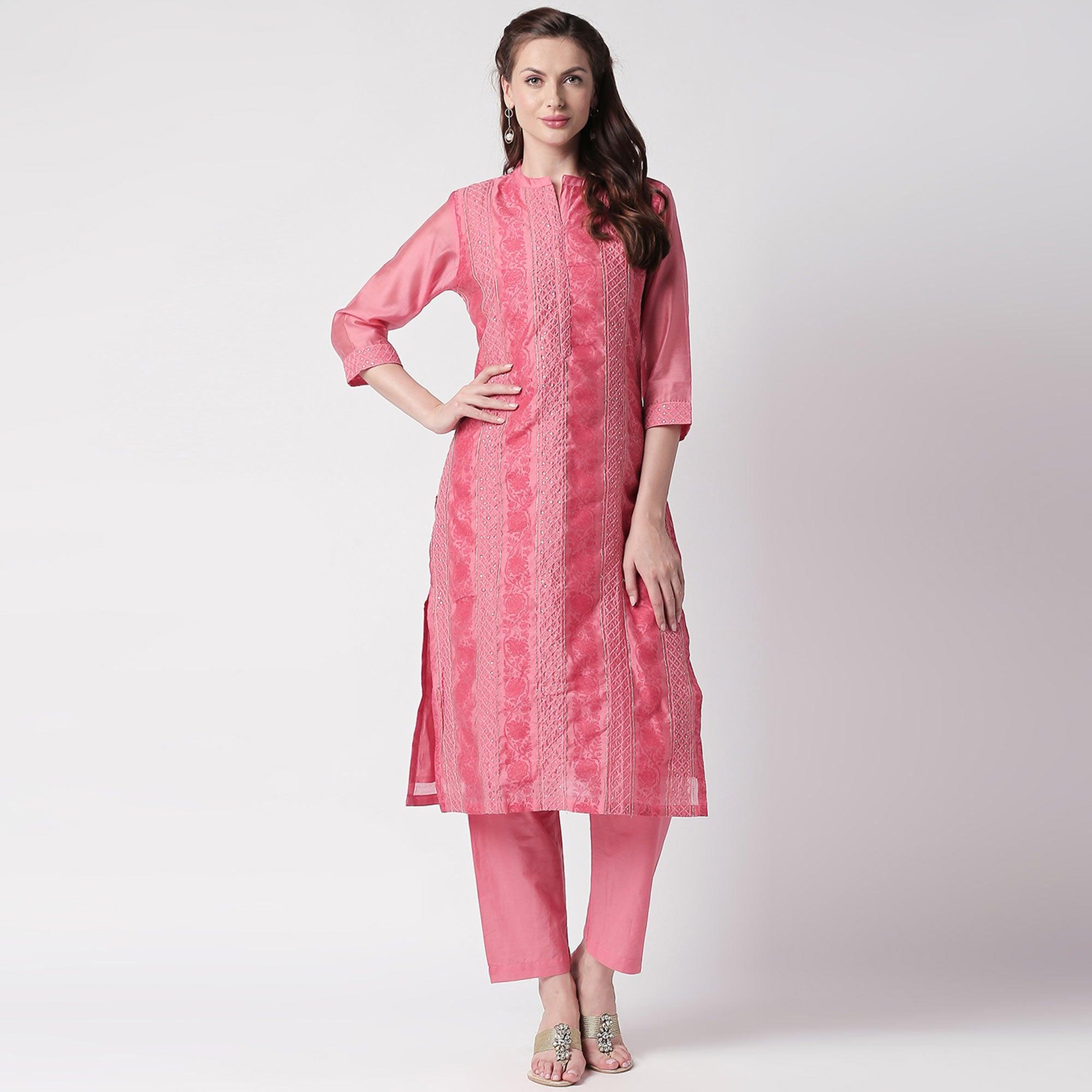Peachmode Fantastic Pink Colored Casual Embroidery Silk Suit