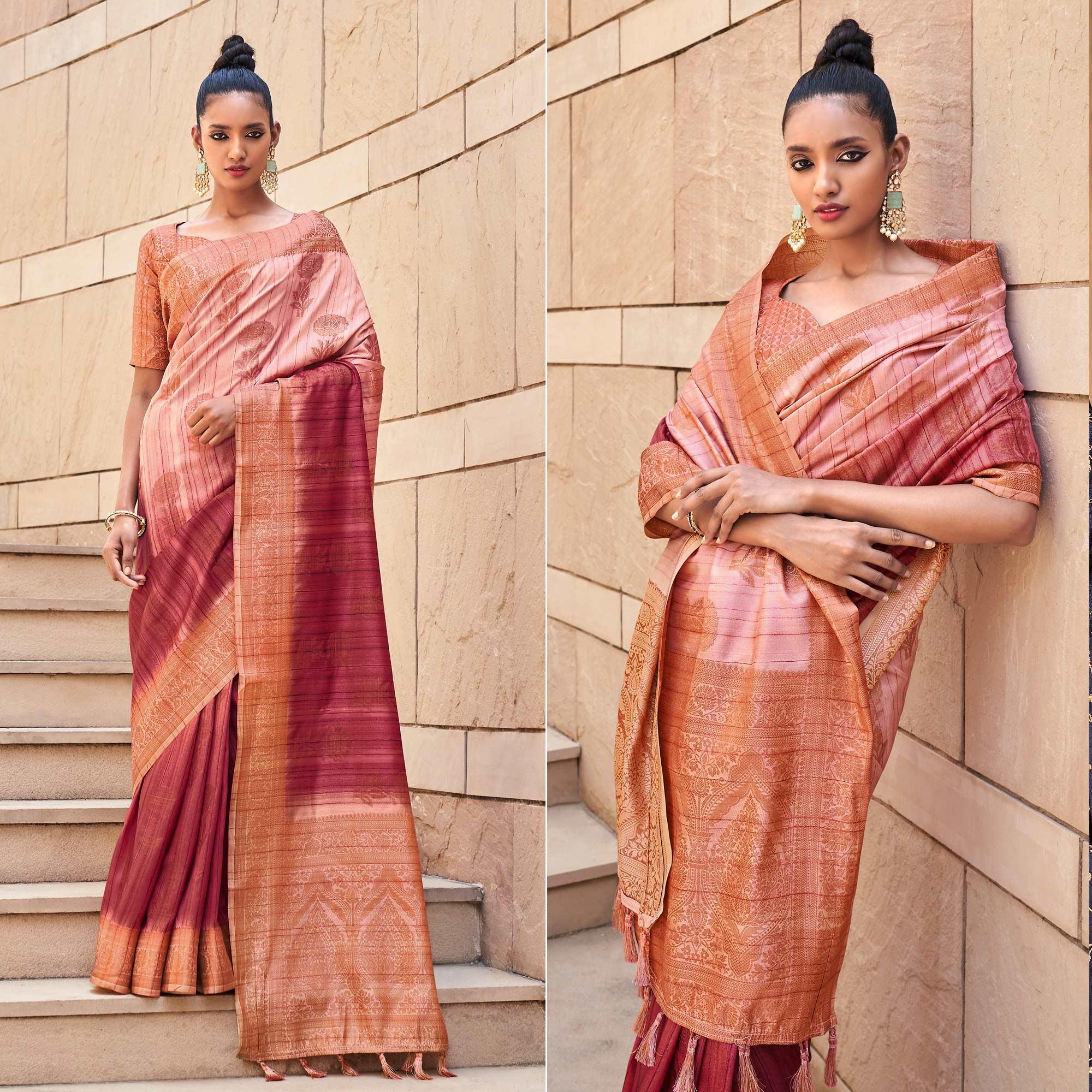 Peachmode Maroon Floral Woven Art Silk Saree – Women's
