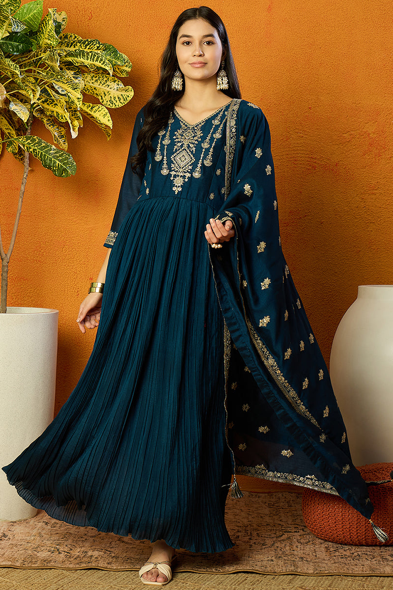 Ahika Indigo Blue Silk Blend Solid Embroidered Anarkali Style Suit Set PKSKD2060