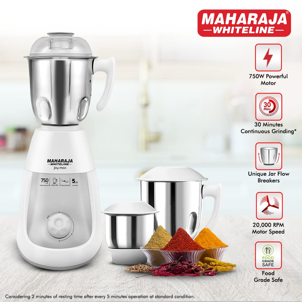 Maharaja Joy Max 750 Watts Mixer Grinder with 3 Jars | White - view 2