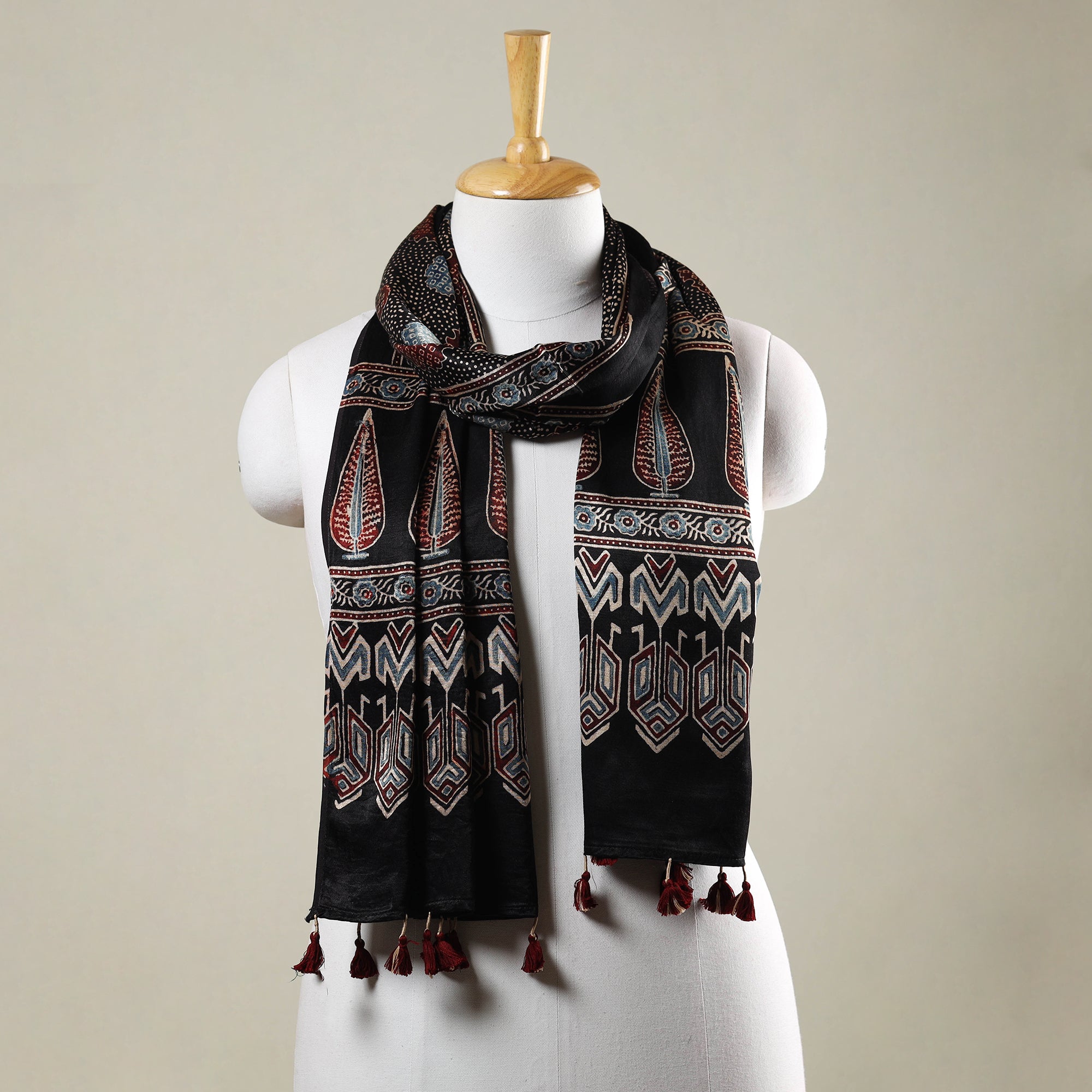 RIYAZ ABDULMAJID KHATRI - AJRAKH Black - Ajrakh Hand Block Printed Mashru Silk Stole with Tassels