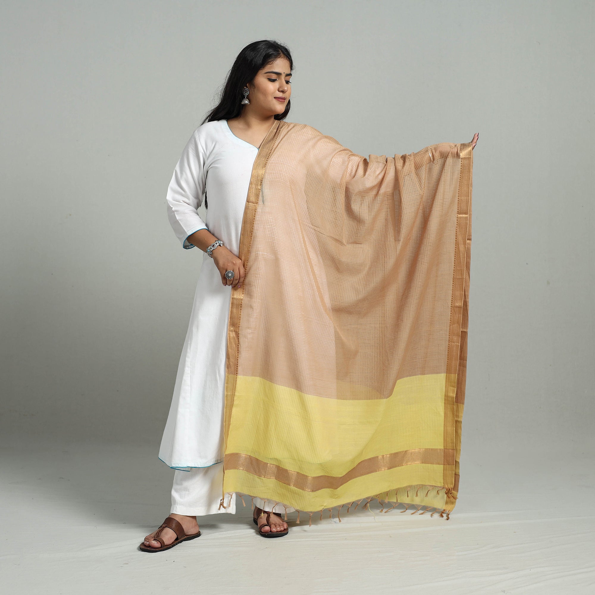 SOUTH KARGHA Brown - Handloom Cotton Nizam Zari Border Mangalagiri Dupatta 15