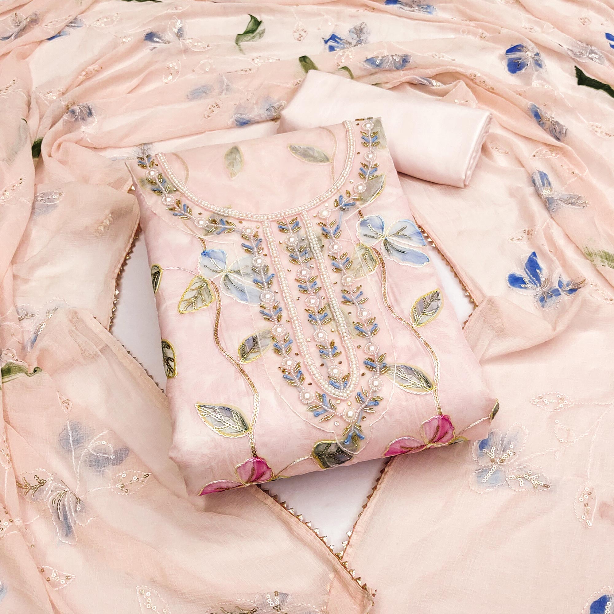 Peachmode Light Peach Floral Printed Organza Dress Material
