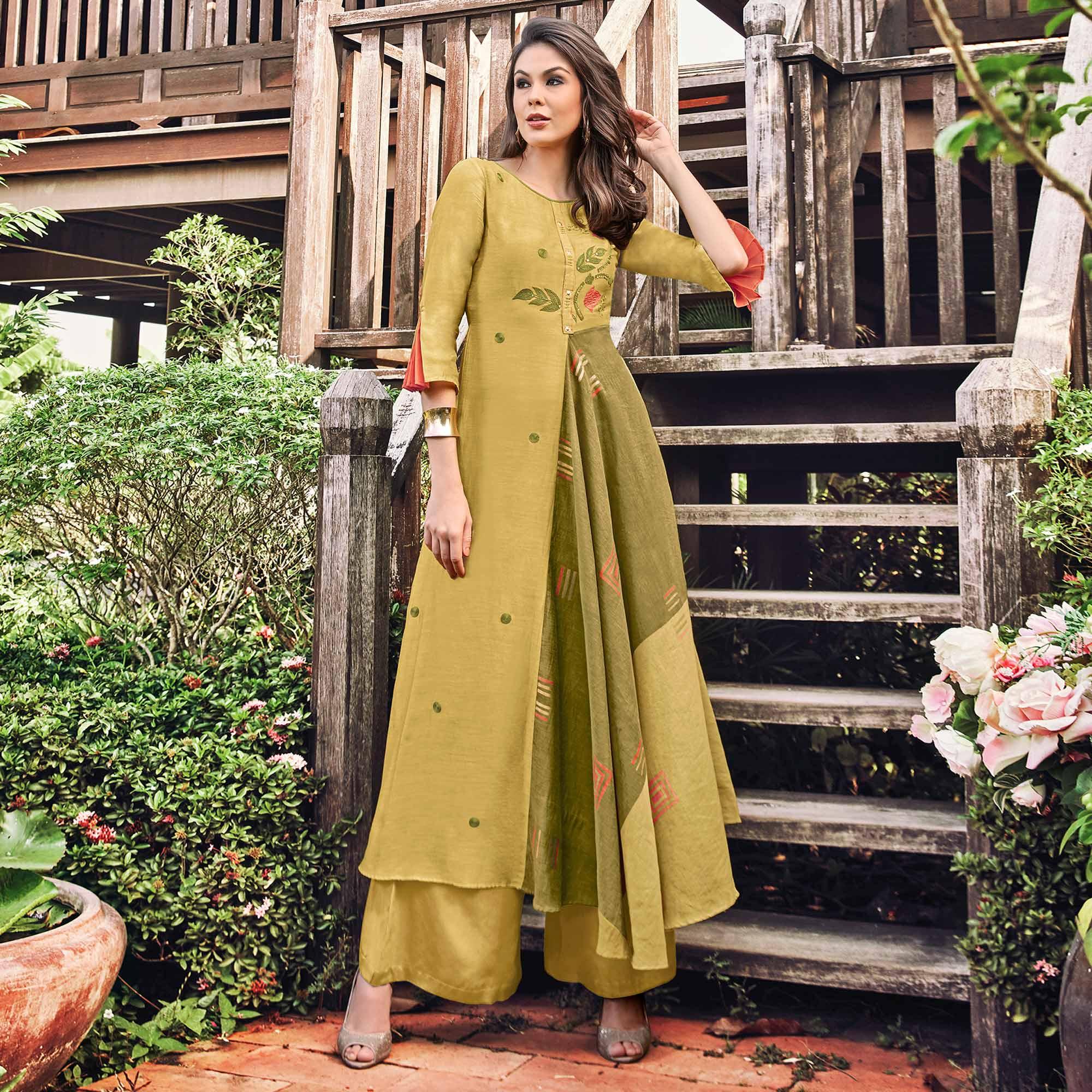 Peachmode Jazzy Mehndi Green Colored Party Wear Printed Modal-Jacquard Long Kurti