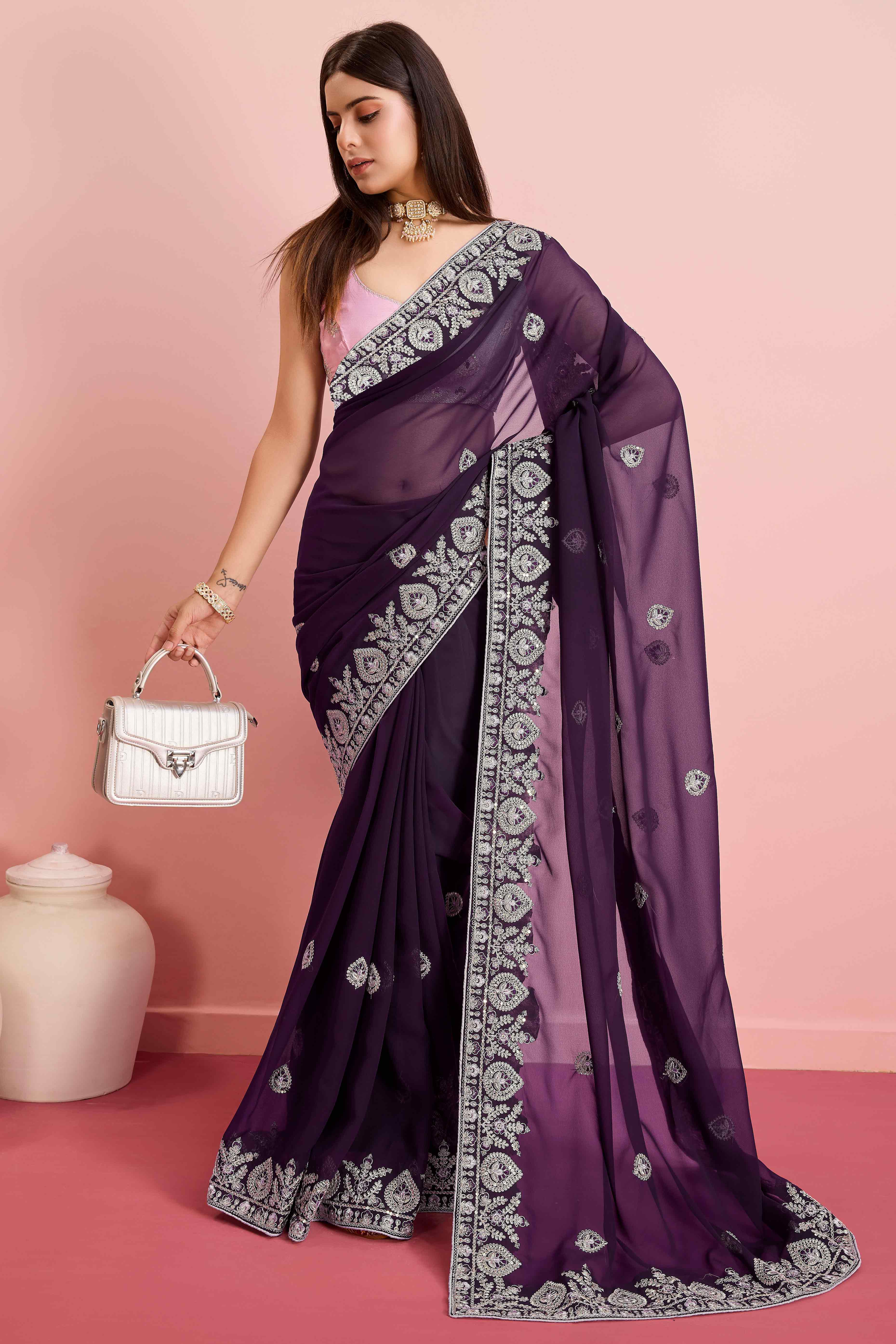 Peachmode Dark Purple Floral Sequins Embroidered Georgette Saree