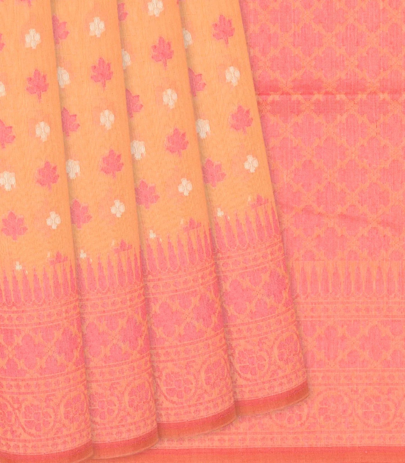 RmKV Peach Handloom Banarasi Cotton Saree With Floral Motifs-Peach