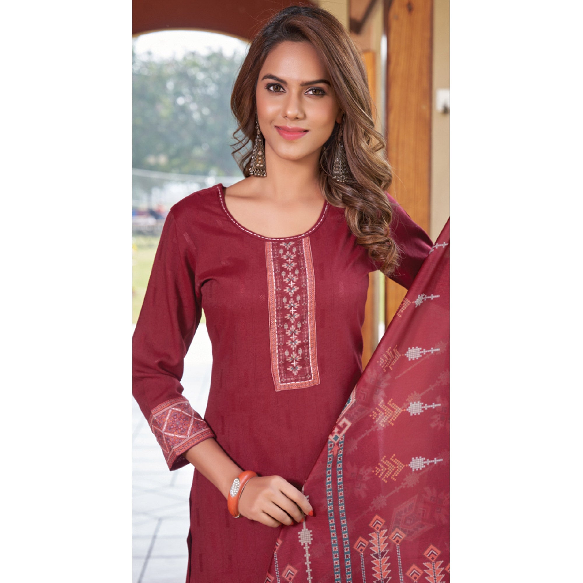 Peachmode Seller Maroon Embroidered Rayon Kurti With Dupatta - view 4