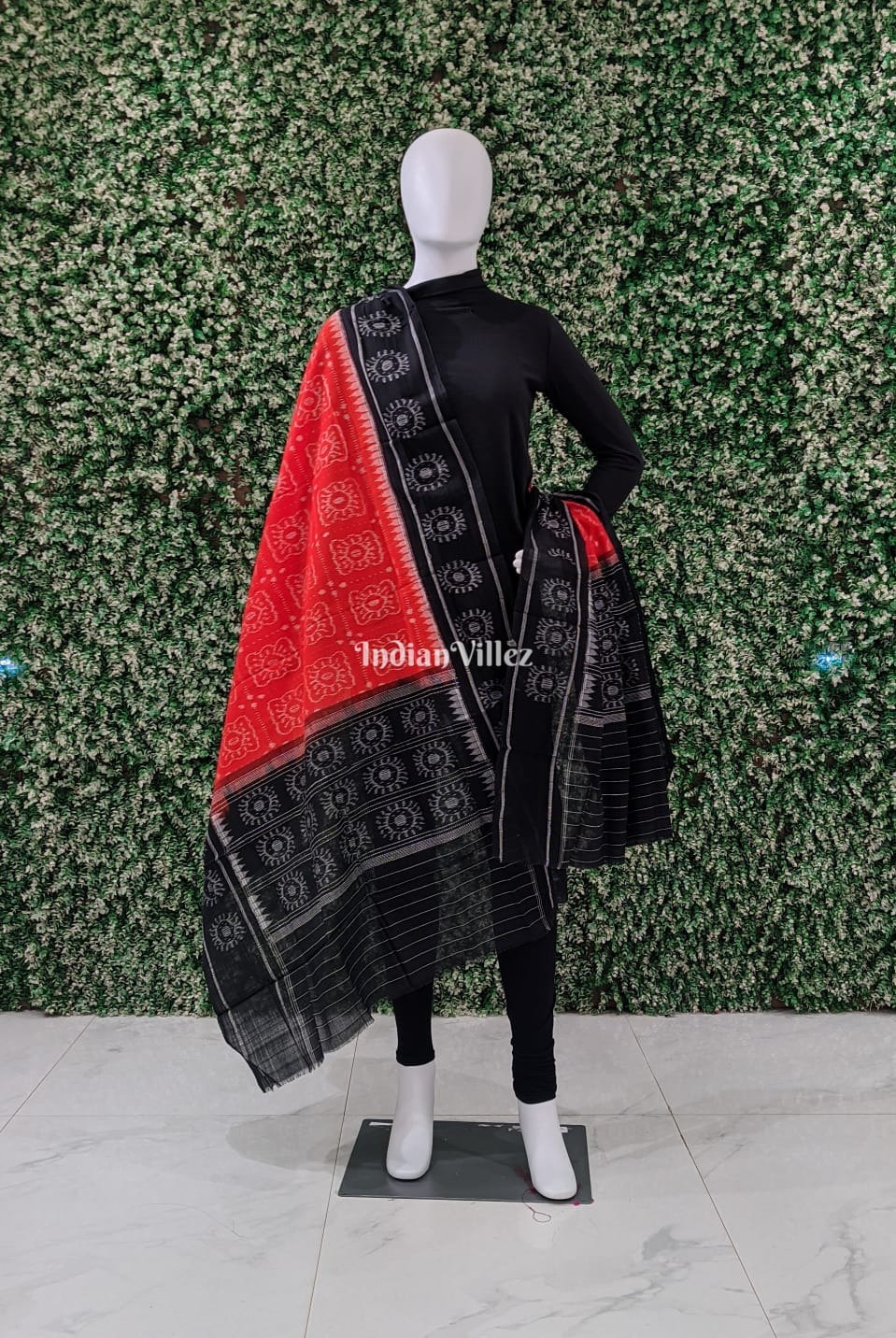 IndianVillèz Orange Black Odisha Ikat Cotton Dupatta