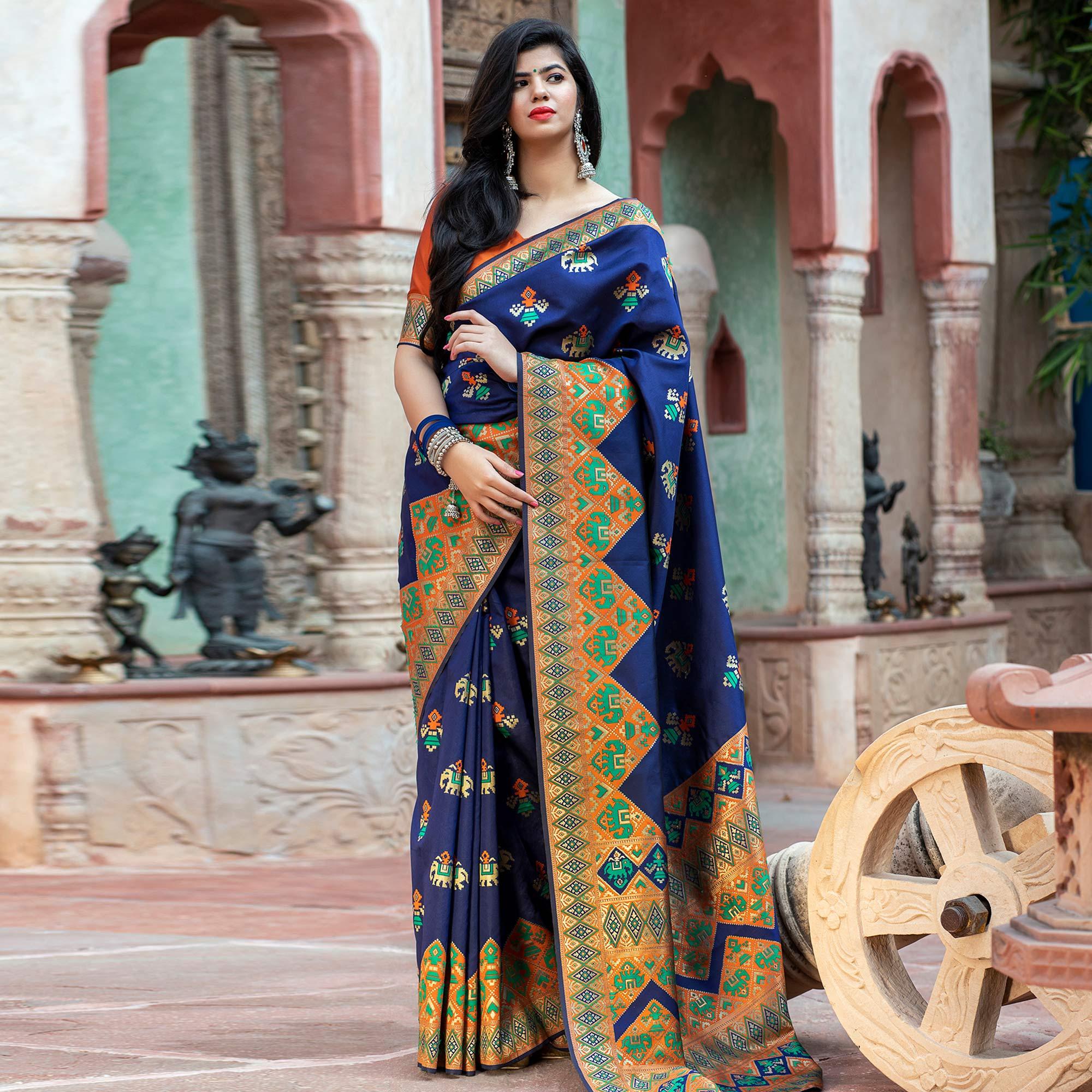 Peachmode Lovely Navy Blue Colored Festive Wear Woven Patola Silk Saree