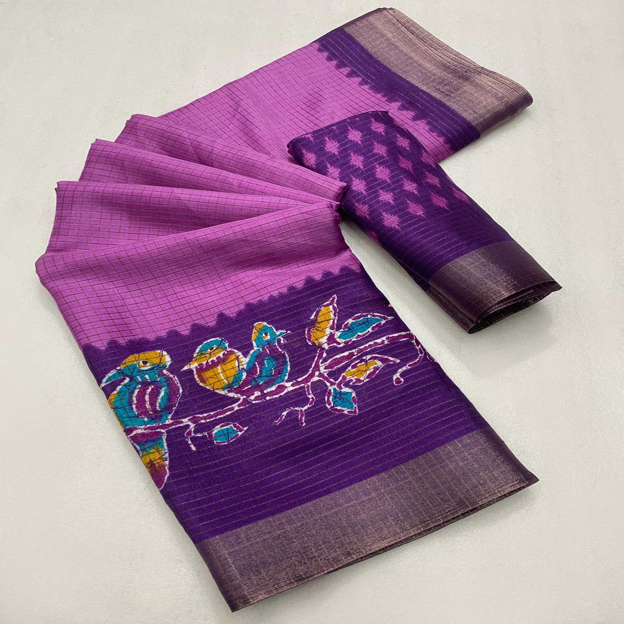 Peachmode Pink Printed Dola Silk Saree – Women's