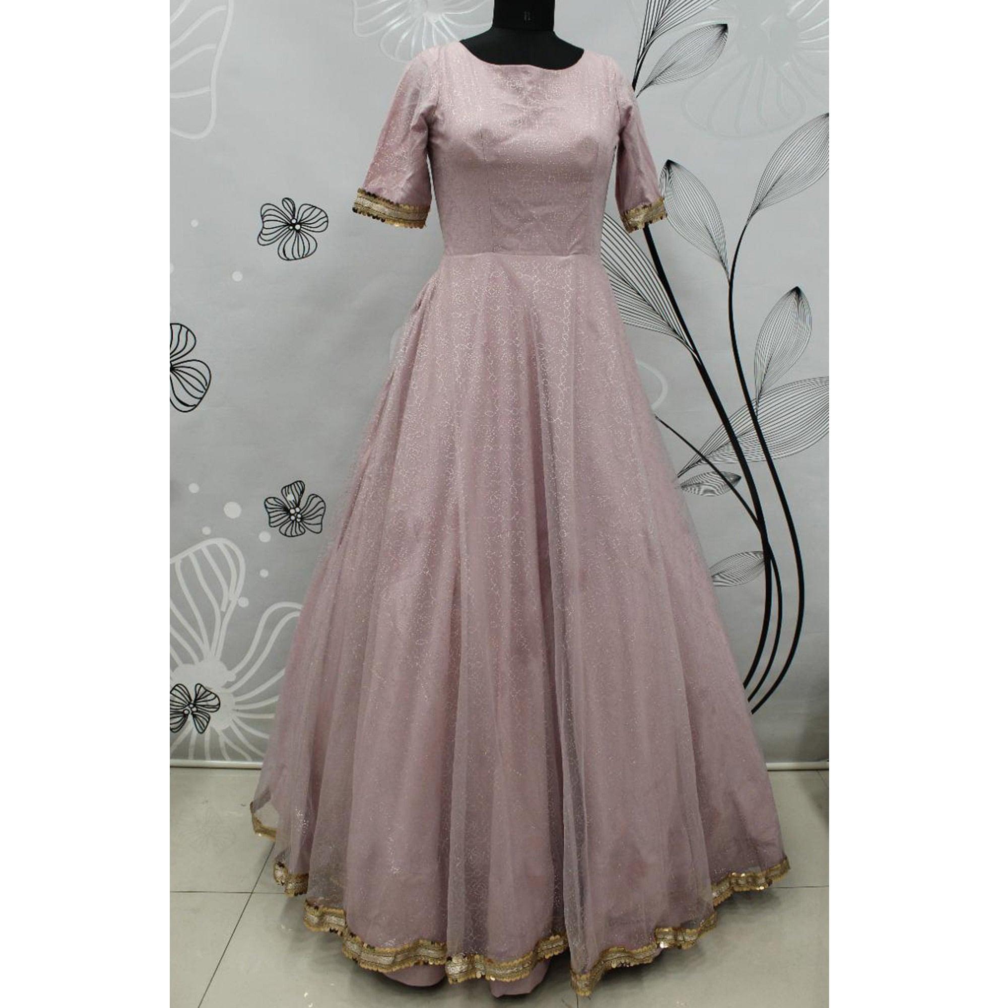 Peachmode Light Pink Partywear Wear Foil Work Net Gown - view 6