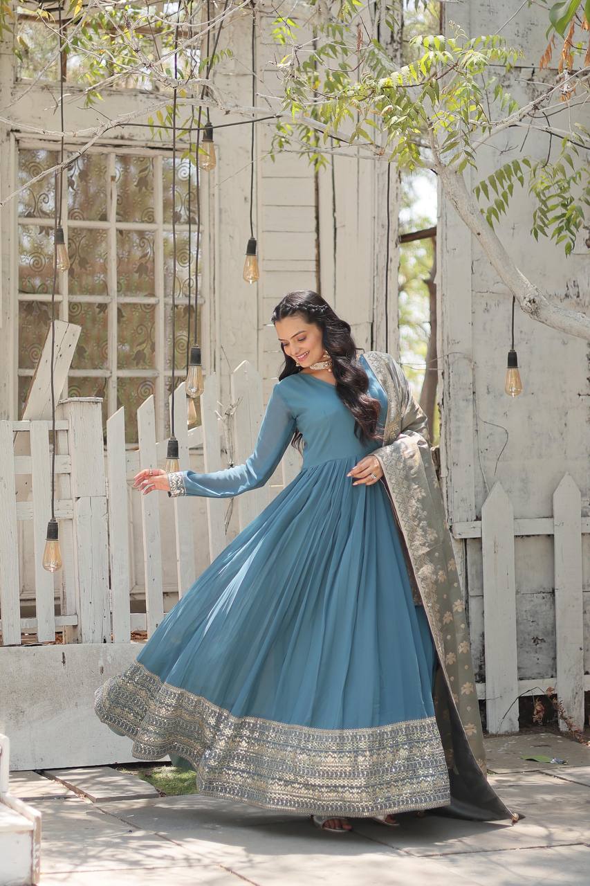 ClothsVilla Teal Blue Stunning Faux Georgette Gown with Rich Sequins Embroidery