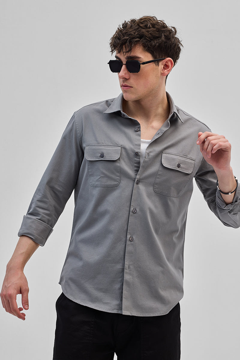 SNITCH Grey Solid Double Pocket Overshirt