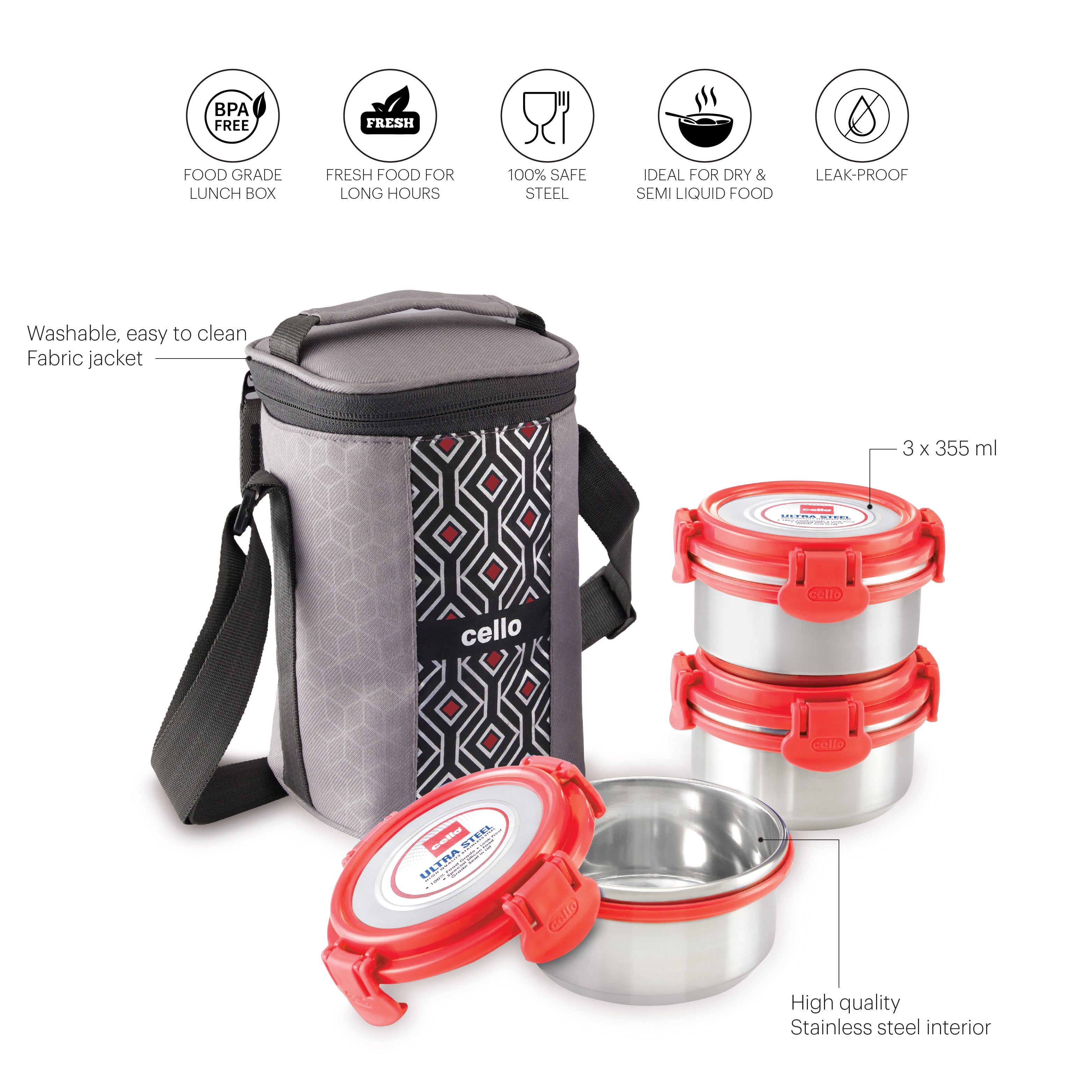 Cello MF Ultra Stainless Steel Lunch Box with Jacket, Set of 3 - view 5