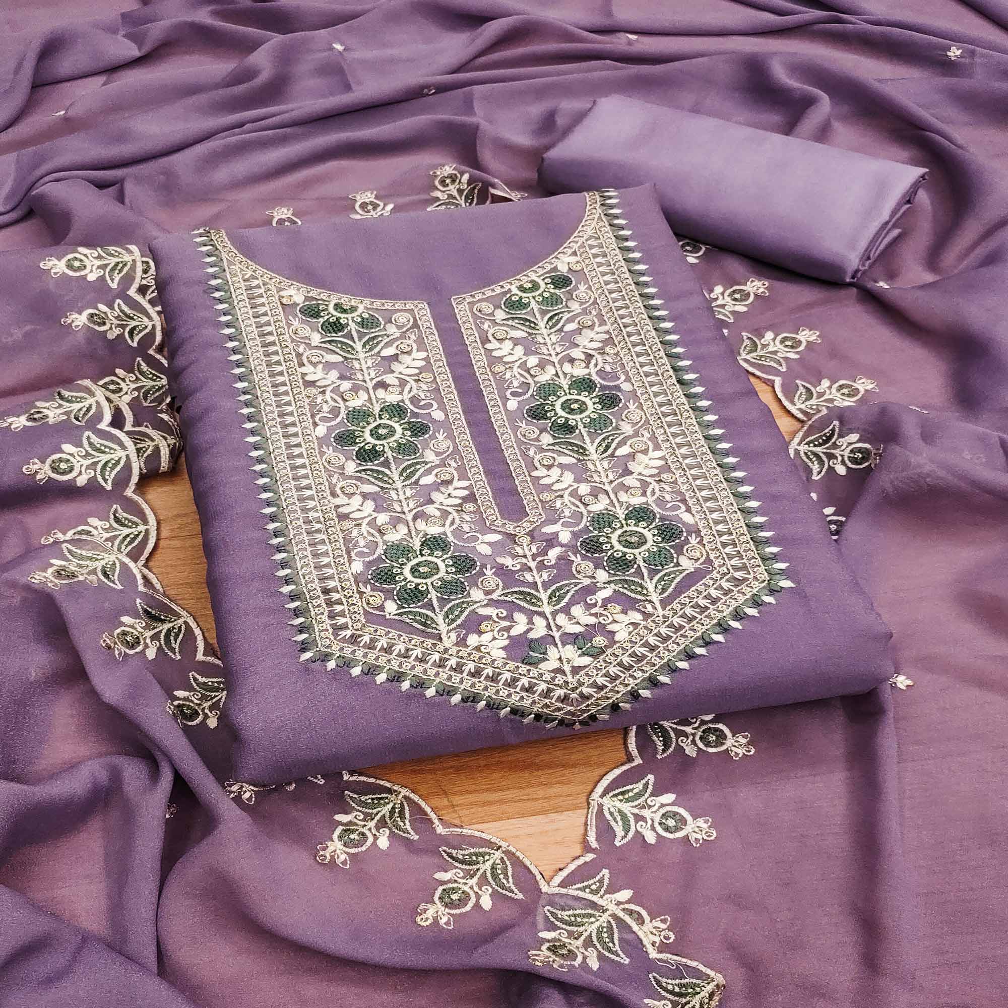 Peachmode Lavender Floral Sequins Embroidered Georgette Dress Material