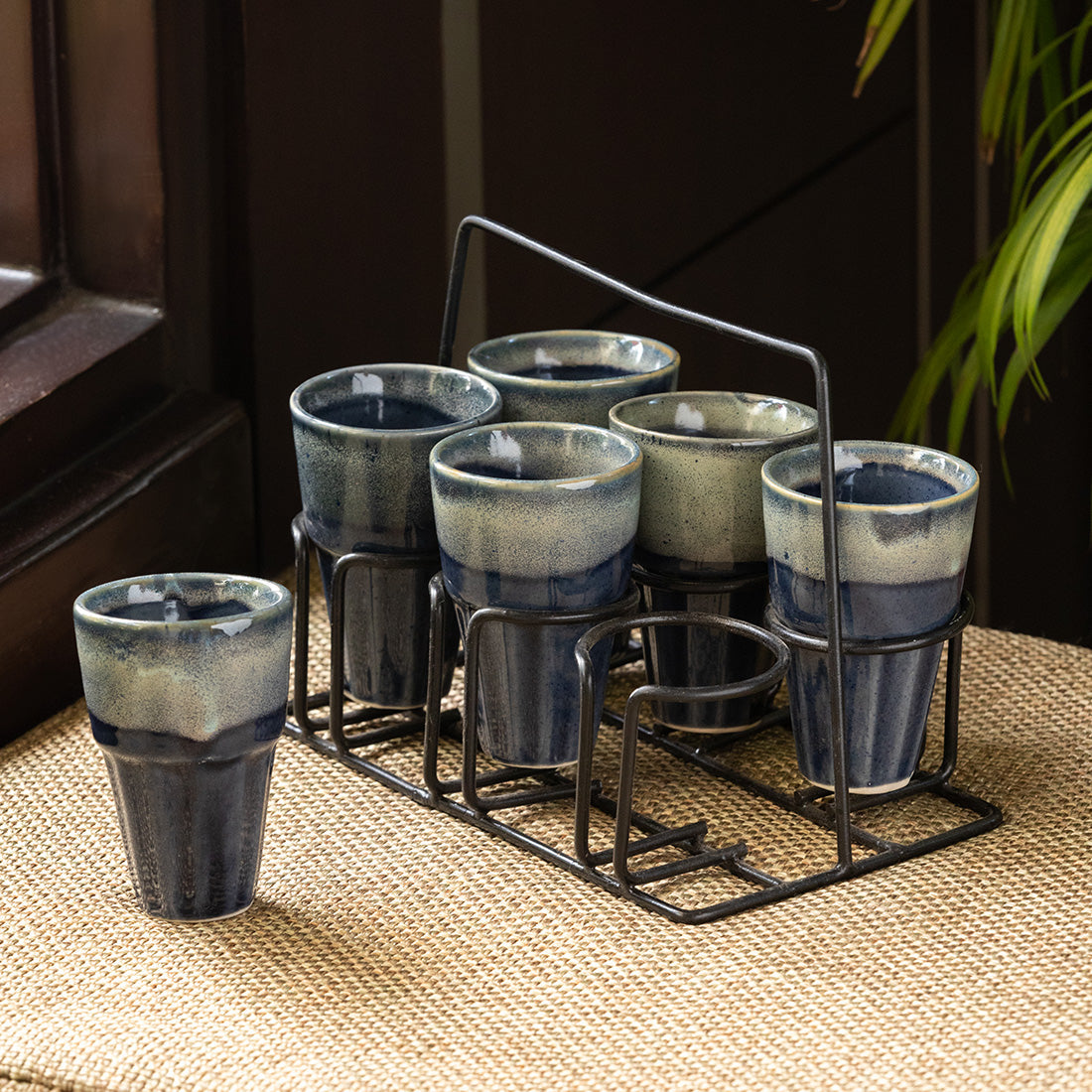Iron holder set – EXCLUSIVELANE 'Buzzing Blues' Tea Chai Glasses In Stoneware With Iron Holder (Set of 6)