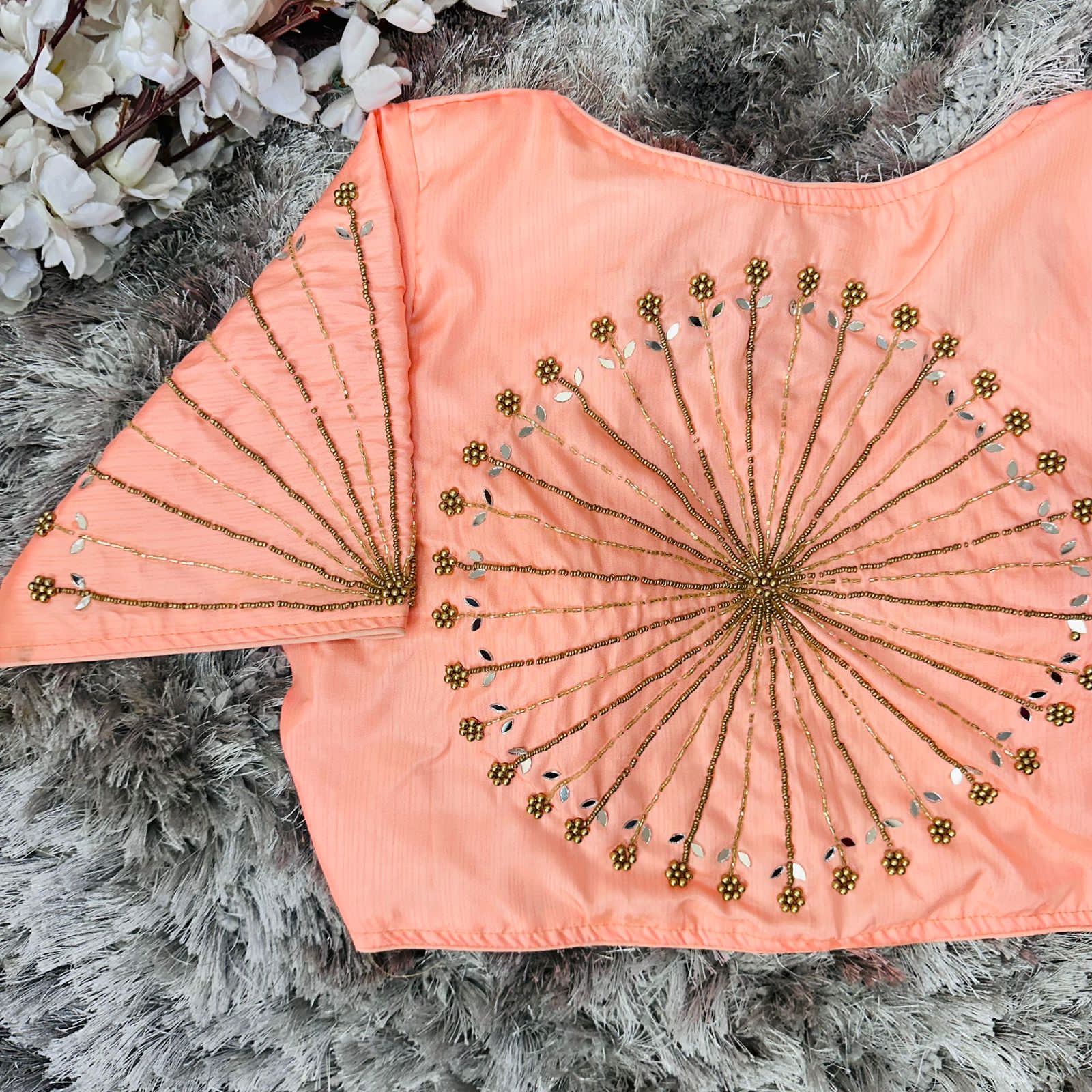 ClothsVilla Orange Handcrafted tumtum silk Golden Blouse with Ambla Mirror Accents