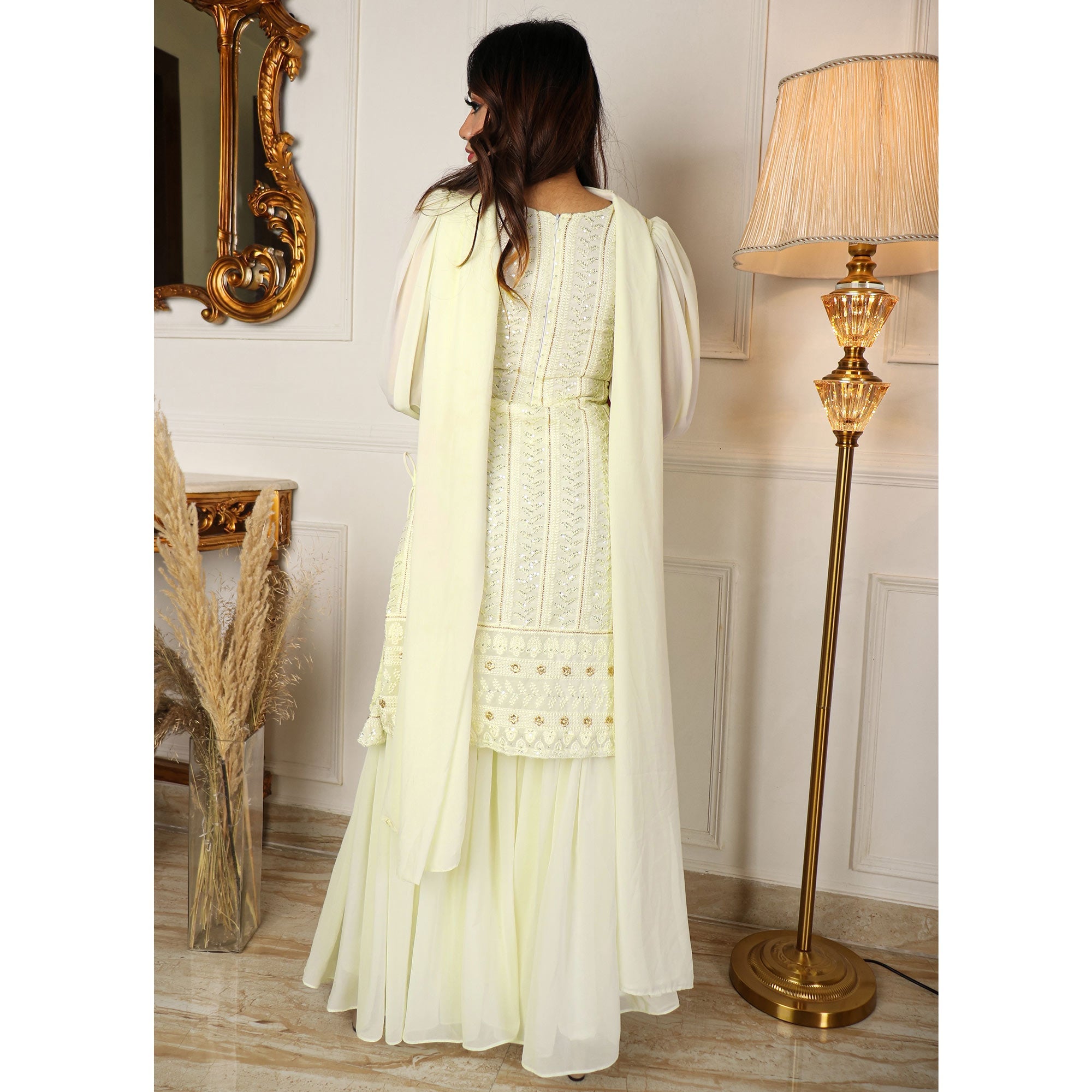 Peachmode Seller Cream Sequins Embroidered Georgette Sharara Suit - view 6
