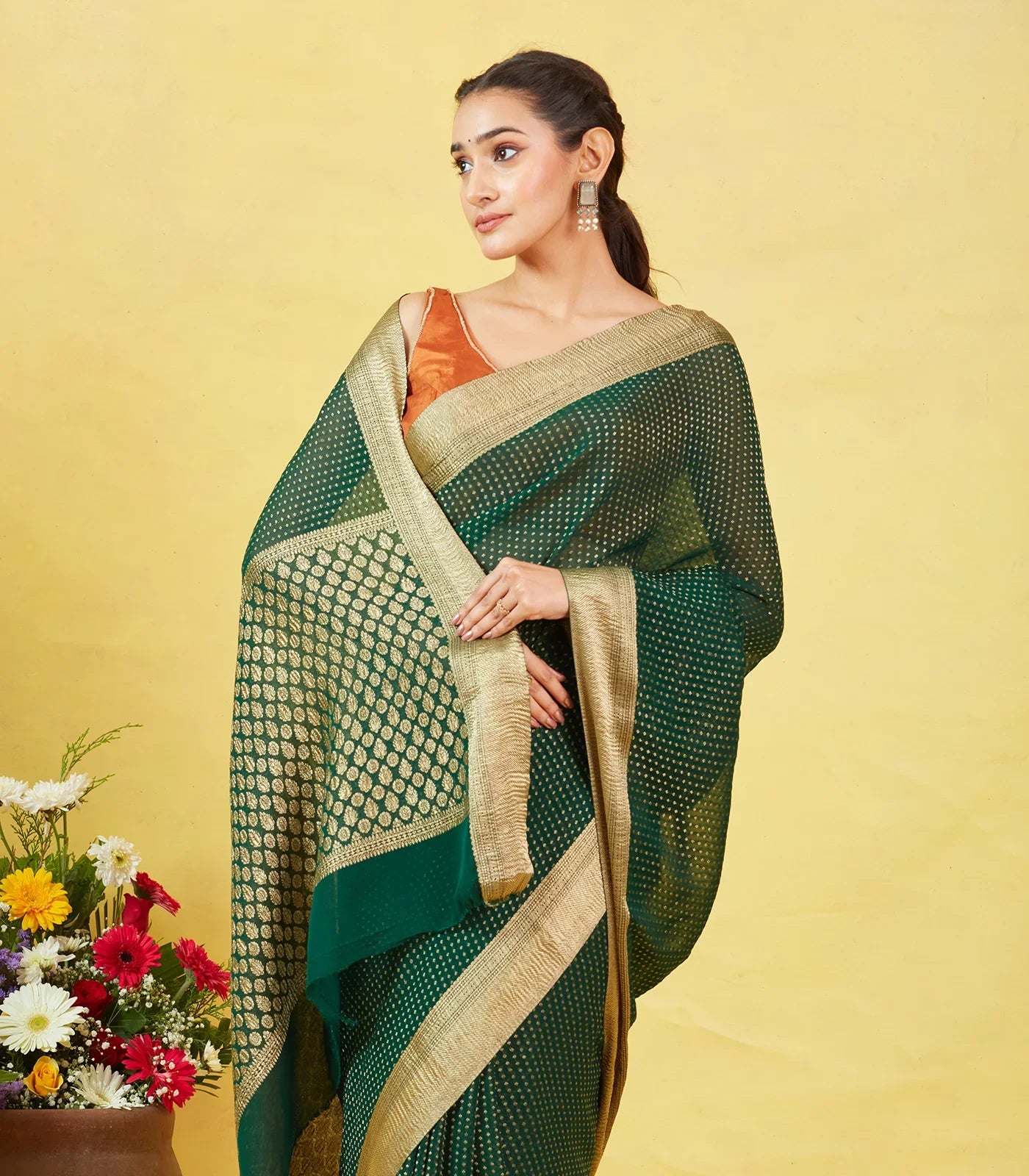 RmKV Bottle Green Mysore Crepe Silk Saree With Floral Motifs & Zari Border - view 2