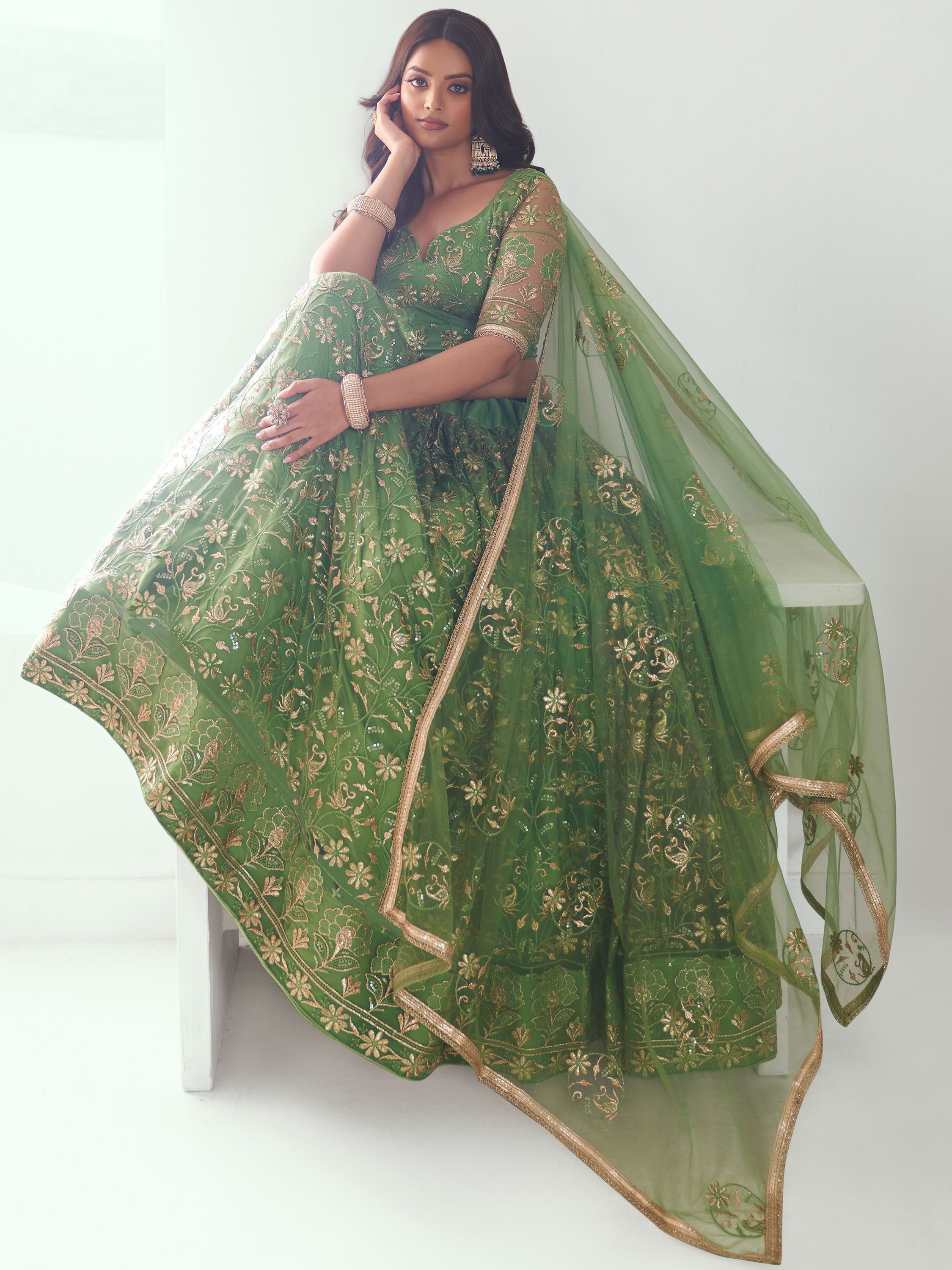ClothsVilla Elegant Green Embroidered Net Mehendi Lehenga Choli - view 3
