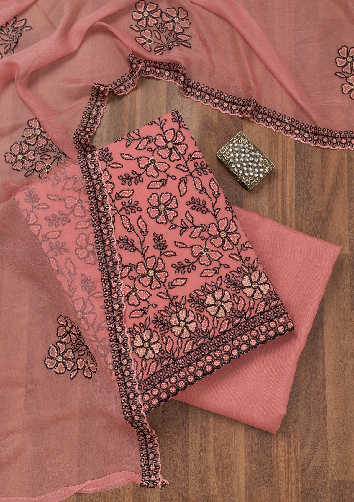 Koskii Peach Threadwork Georgette Unstitched Salwar Suit