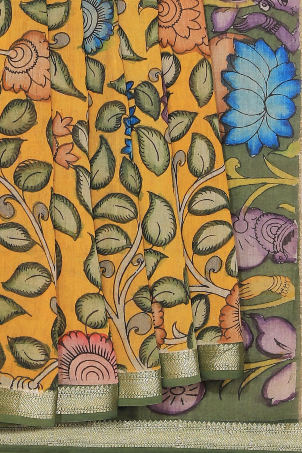 Kalanjali Kalamkari Hand-Painted Yellow Saree