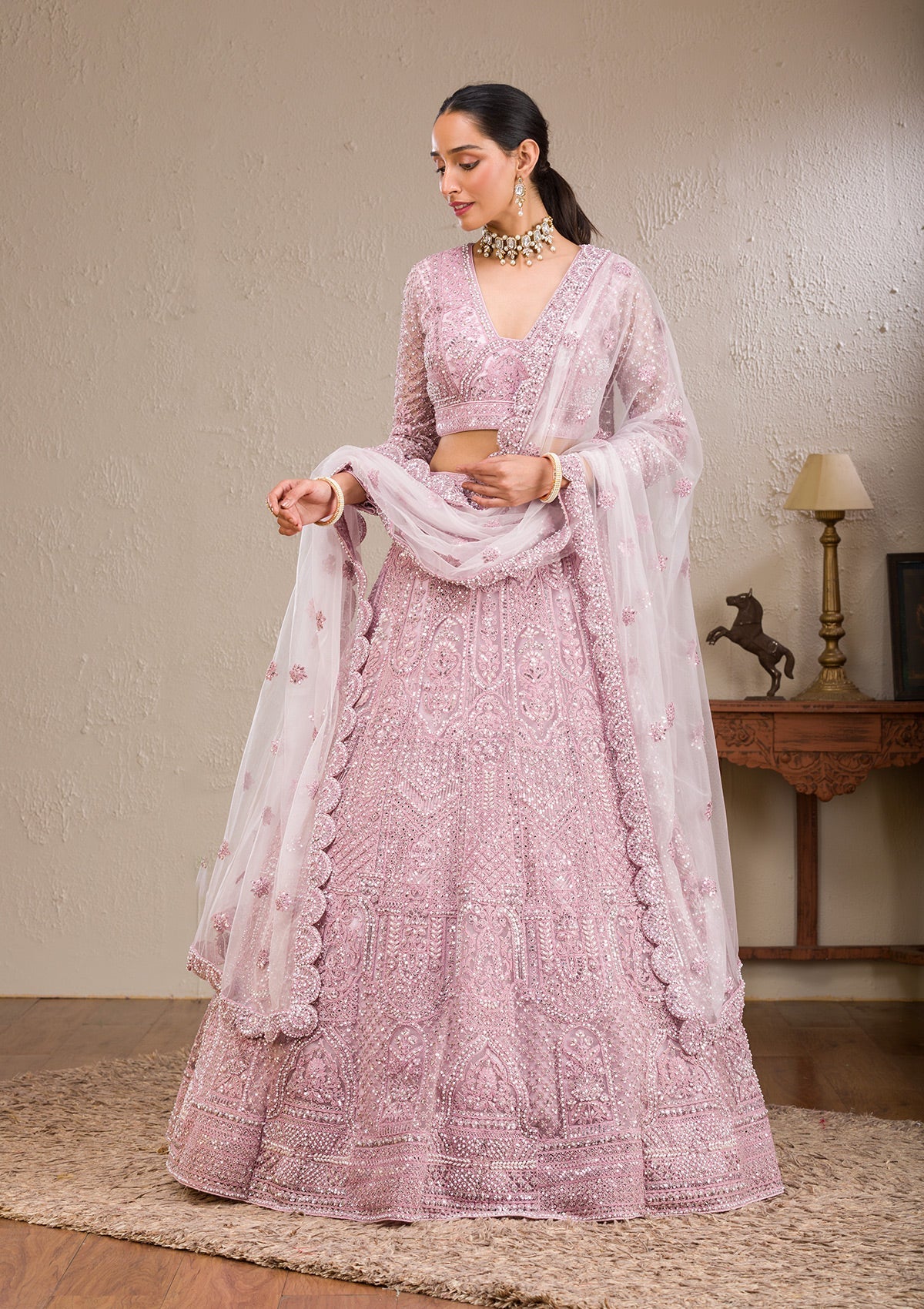 Koskii Pink Pearlwork Net Readymade Lehenga – Women's