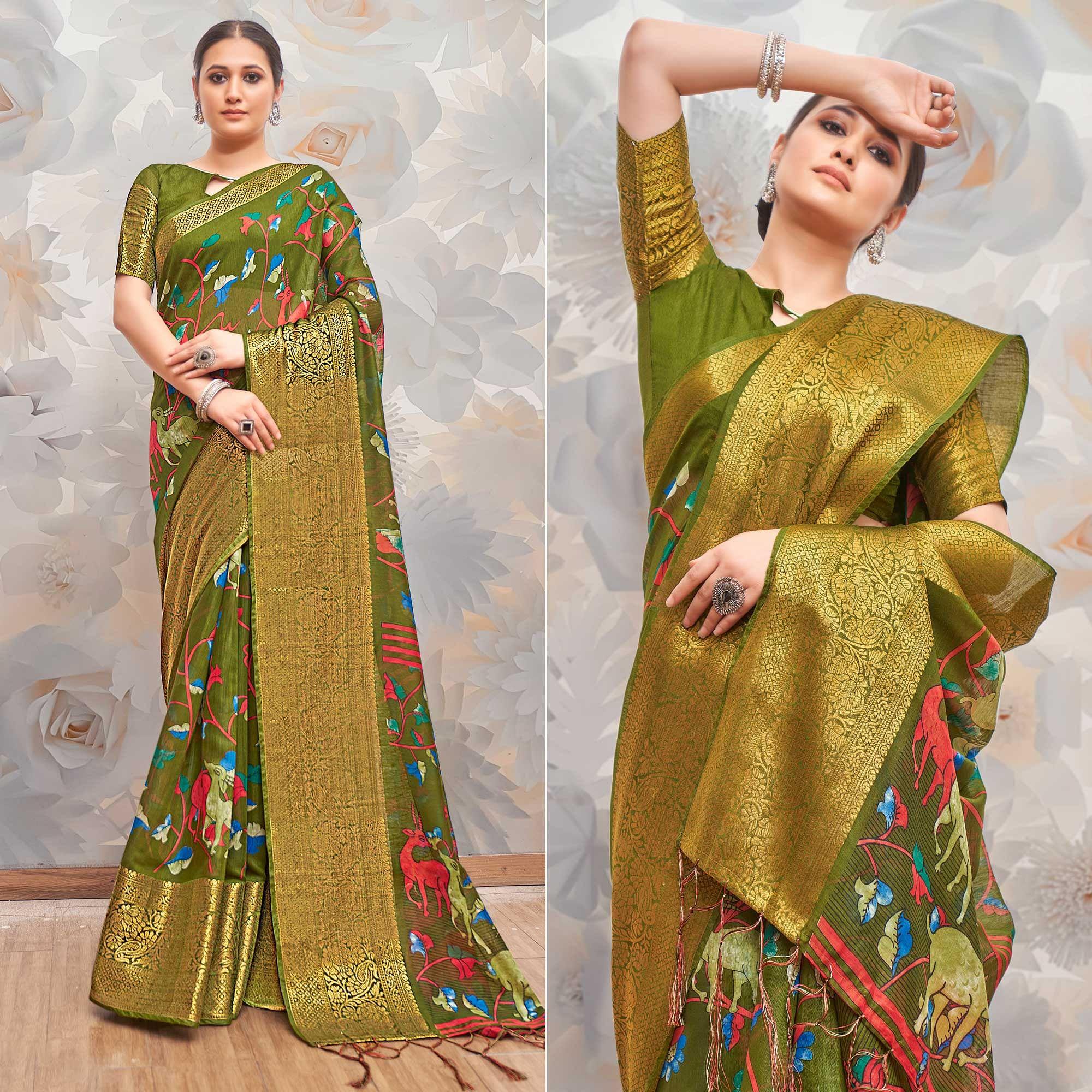 Peachmode Mehendi Green Festive Wear Printed Cotton Silk Saree